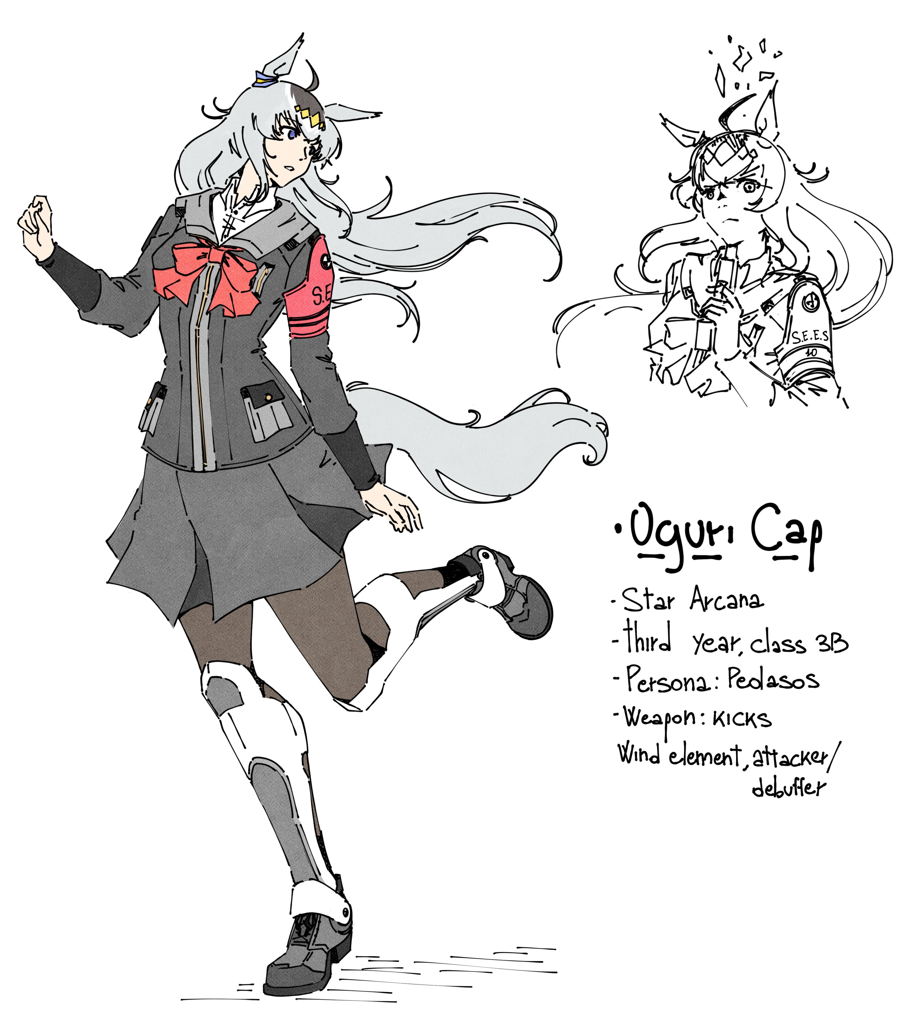 oguri cap (umamusume), persona, persona 3, umamusume, umamusume: cinderella gray, absurdres, commentary, english commentary, highres, 1girl, ahoge, animal ears, armband, black jacket, black pantyhose, black skirt, blue eyes, bow, broken glass, closed mouth, collared shirt, ear ornament, english text, evoker, gekkoukan high school uniform, glass, grey hair, grey tail, hair between eyes, hair ornament, hairband, holding, horse ears, horse girl, horse tail, jacket, long hair, long sleeves, marshal kiske, multicolored hair, pantyhose, parted lips, red armband, red bow, s.e.e.s, school uniform, shirt, shoes, skirt, tail, white shirt