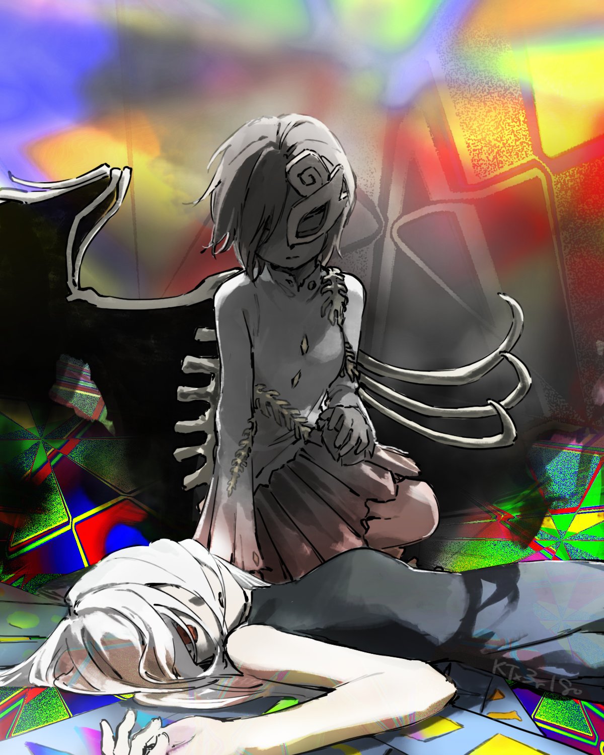 kaigen 1025, iwanaga ariya, yuiman asama, touhou, highres, 2girls, asymmetrical wings, bare shoulders, black shirt, blank eyes, bone, closed mouth, expressionless, faceless, faceless female, half mask, long hair, long sleeves, looking at another, lying, mask, multiple girls, one eye covered, red eyes, shirt, short hair, skeletal wings, sleeveless, sleeveless shirt, twitter username, white hair, white shirt, wings