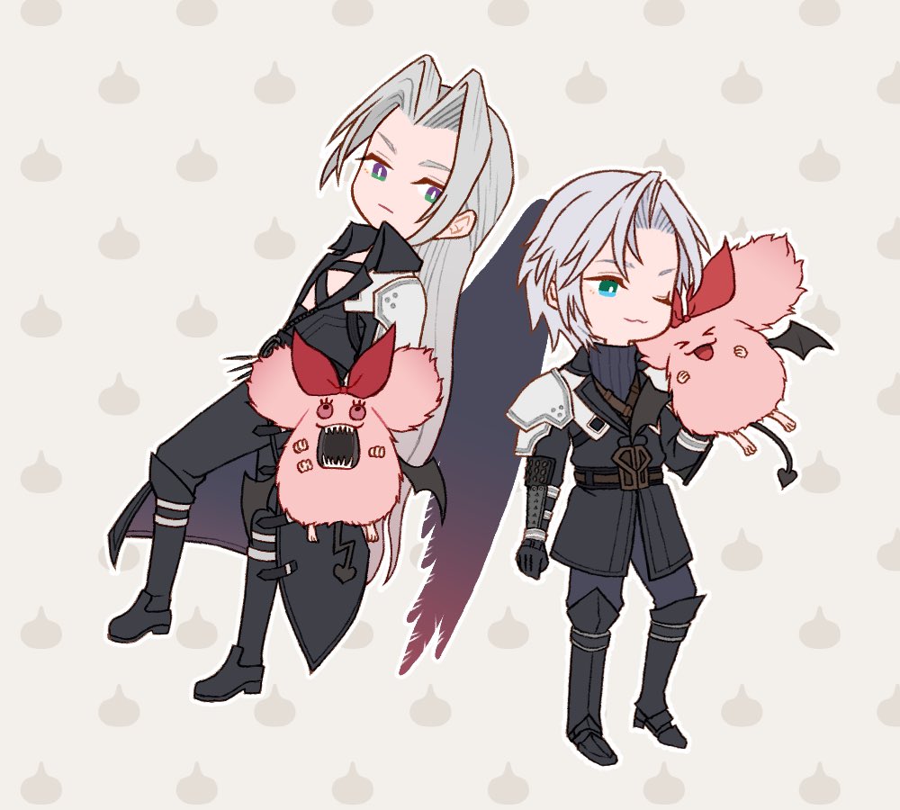 bluelimbo8888, monan, sephiroth, sephiroth (ever crisis), dragon quest, dragon quest tact, final fantasy, final fantasy vii, final fantasy vii ever crisis, > <, 2boys, :d, ;3, age progression, aqua eyes, armor, black boots, black coat, black gloves, black jacket, black pantyhose, black wings, boots, chest strap, chibi, chibi only, coat, creature, full body, gloves, grey background, grey hair, hair ribbon, jacket, long coat, long hair, male focus, multiple boys, one eye closed, open mouth, pantyhose, parted bangs, pauldrons, red ribbon, ribbon, sharp teeth, short hair, shoulder armor, single wing, slit pupils, smile, sweater, teeth, turtleneck, turtleneck sweater, wings, xd