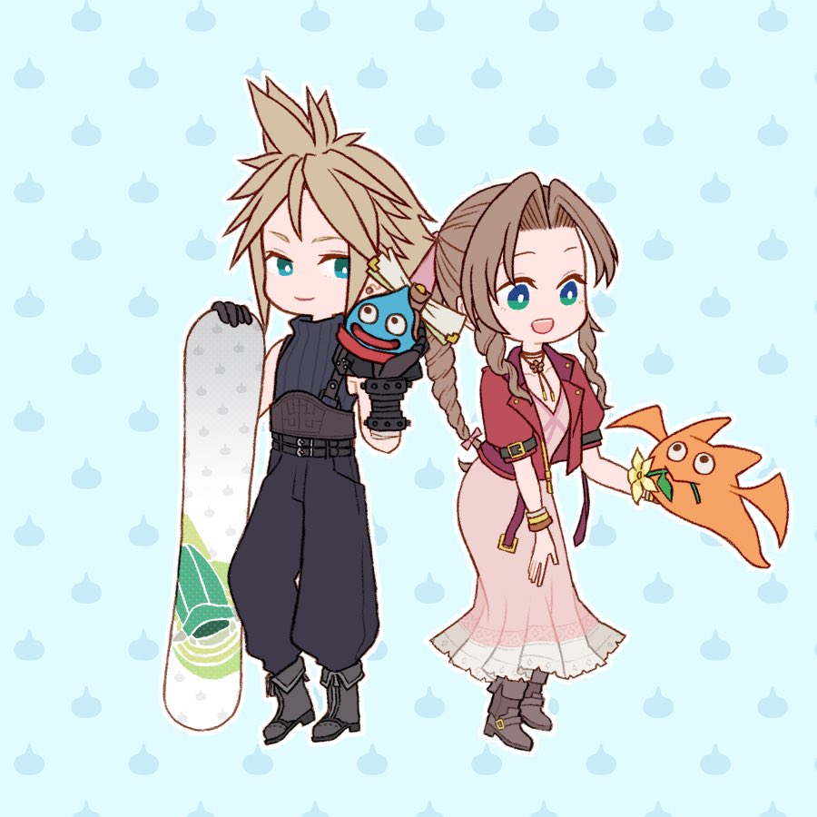 bluelimbo8888, aerith gainsborough, cloud strife, drake slime, slime (dragon quest), surakuto, dragon quest, dragon quest tact, final fantasy, final fantasy vii, final fantasy vii ever crisis, 1boy, 1girl, aqua eyes, armor, armored gloves, baggy pants, bandaged arm, bandages, bangle, belt, black pants, black shirt, blonde hair, blue background, boots, bracelet, braid, braided ponytail, brown boots, brown hair, choker, closed mouth, creature, cropped jacket, dress, earrings, flower, flower choker, flower in mouth, full body, green eyes, grey boots, hair ribbon, holding snowboard, jacket, jewelry, long dress, looking at another, multiple belts, open mouth, pants, parted bangs, pauldrons, pink dress, pink ribbon, red jacket, ribbon, shirt, short hair, shoulder armor, sidelocks, single bare shoulder, single braid, single earring, single pauldron, sleeveless, sleeveless turtleneck, smile, snowboard, spiked hair, suspenders, turtleneck, yellow flower