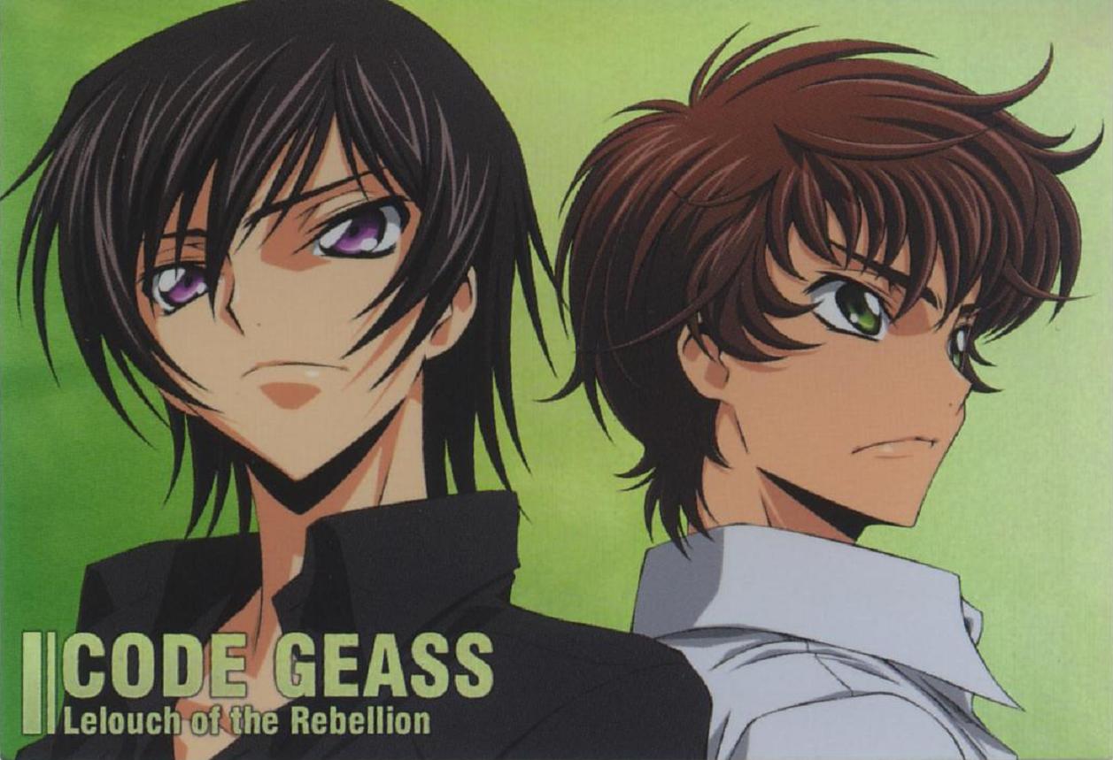 kururugi suzaku, lelouch vi britannia, code geass, scan, 00s, 2boys, black hair, brown hair, closed mouth, copyright name, expressionless, green background, green eyes, looking at viewer, male focus, multiple boys, purple eyes, simple background, upper body