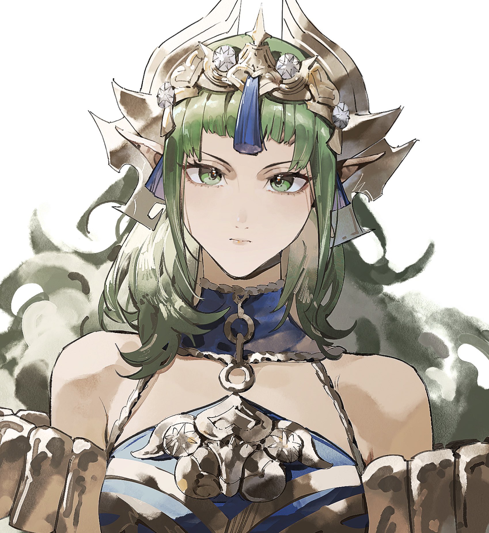 zhihaiwusheng, sothis (adult) (fire emblem), sothis (fire emblem), fire emblem, fire emblem: fortune's weave, nintendo, commentary, highres, 1girl, bare shoulders, breasts, closed mouth, dress, green eyes, green hair, hair ornament, headpiece, long hair, looking at viewer, medium breasts, pointy ears, purple dress, simple background, solo, tassel, tassel hair ornament, tiara, upper body, white background