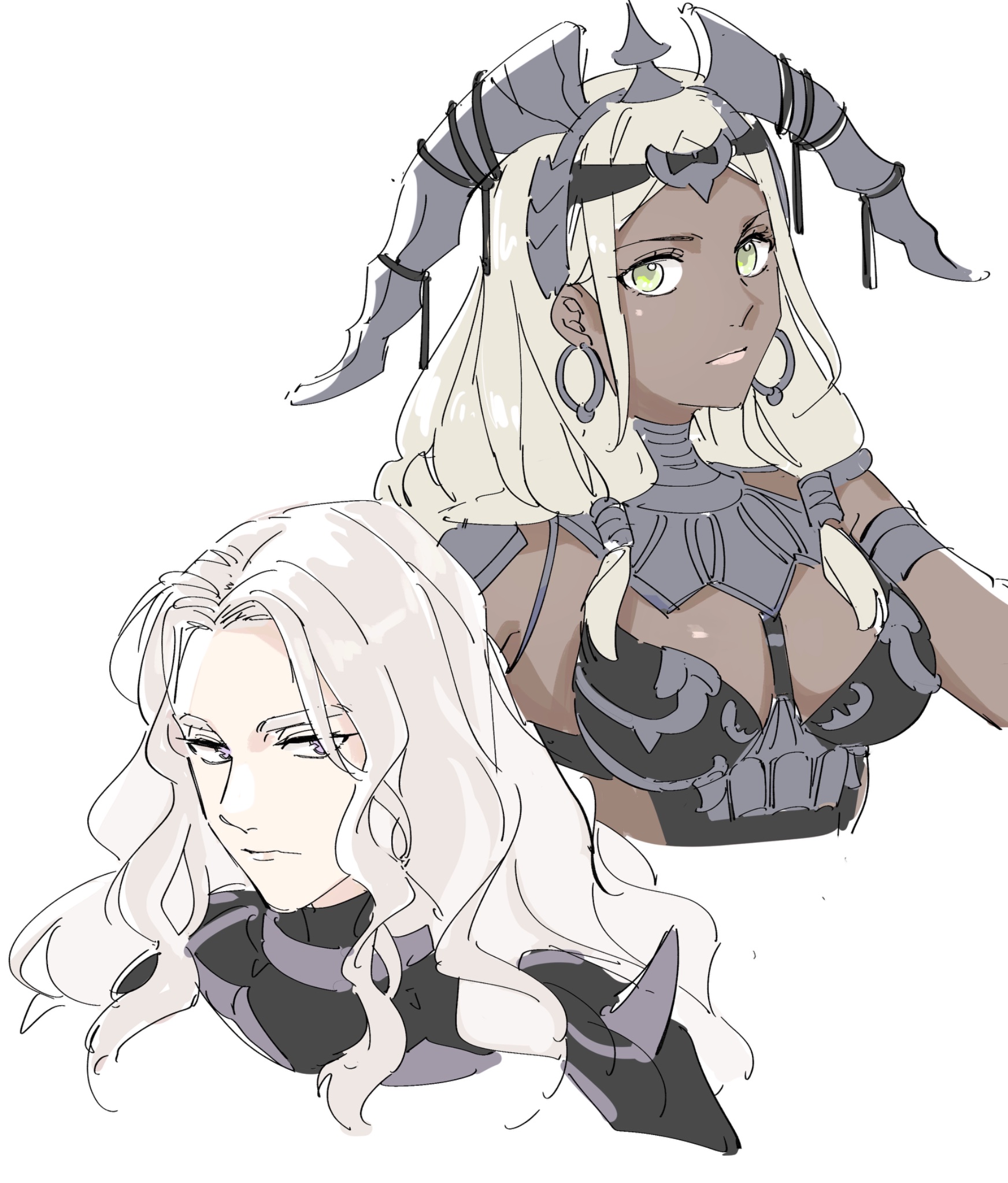 nanao parakeet, theodora (fire emblem), fire emblem, fire emblem: fortune's weave, nintendo, highres, 1boy, 1girl, armor, black armor, blonde hair, breasts, dark-skinned female, dark skin, dietrich (fire emblem), green eyes, long hair, looking at viewer, medium breasts, upper body, white hair