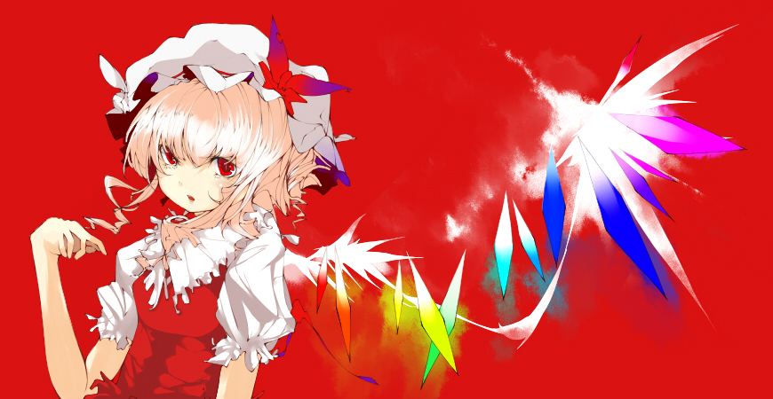 flandre scarlet, touhou, 1girl, blonde hair, crystal, dress, expressionless, female focus, frills, hat, looking at viewer, mob cap, puffy short sleeves, puffy sleeves, rainbow order, red background, red dress, red eyes, short hair, short sleeves, simple background, solo, upper body, wings