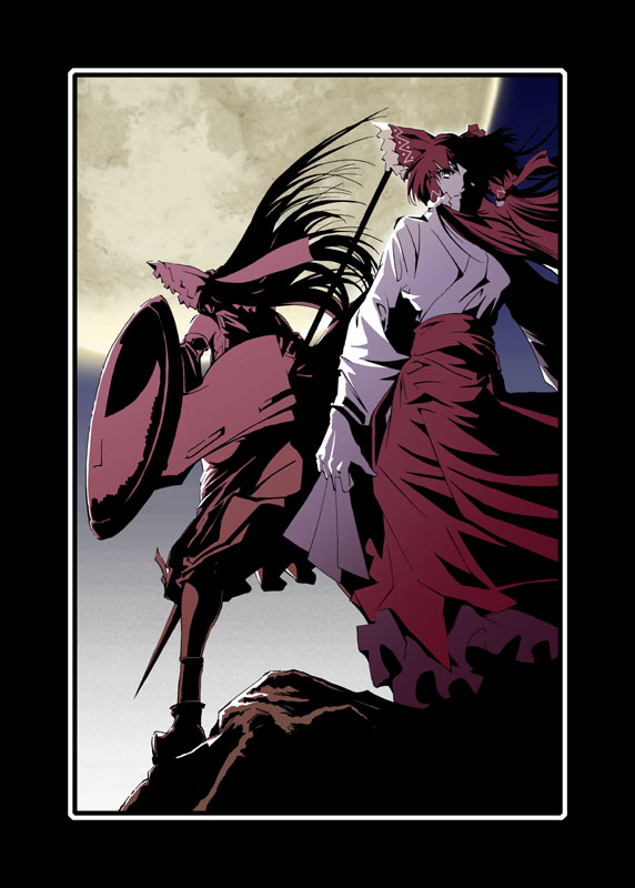 wi-z garage, hakurei reimu, 300 (movie), touhou, 2girls, female focus, full moon, japanese clothes, kimono, moon, multiple girls, outdoors, parody, pike (weapon), polearm, shield, sky, solo, spear, weapon