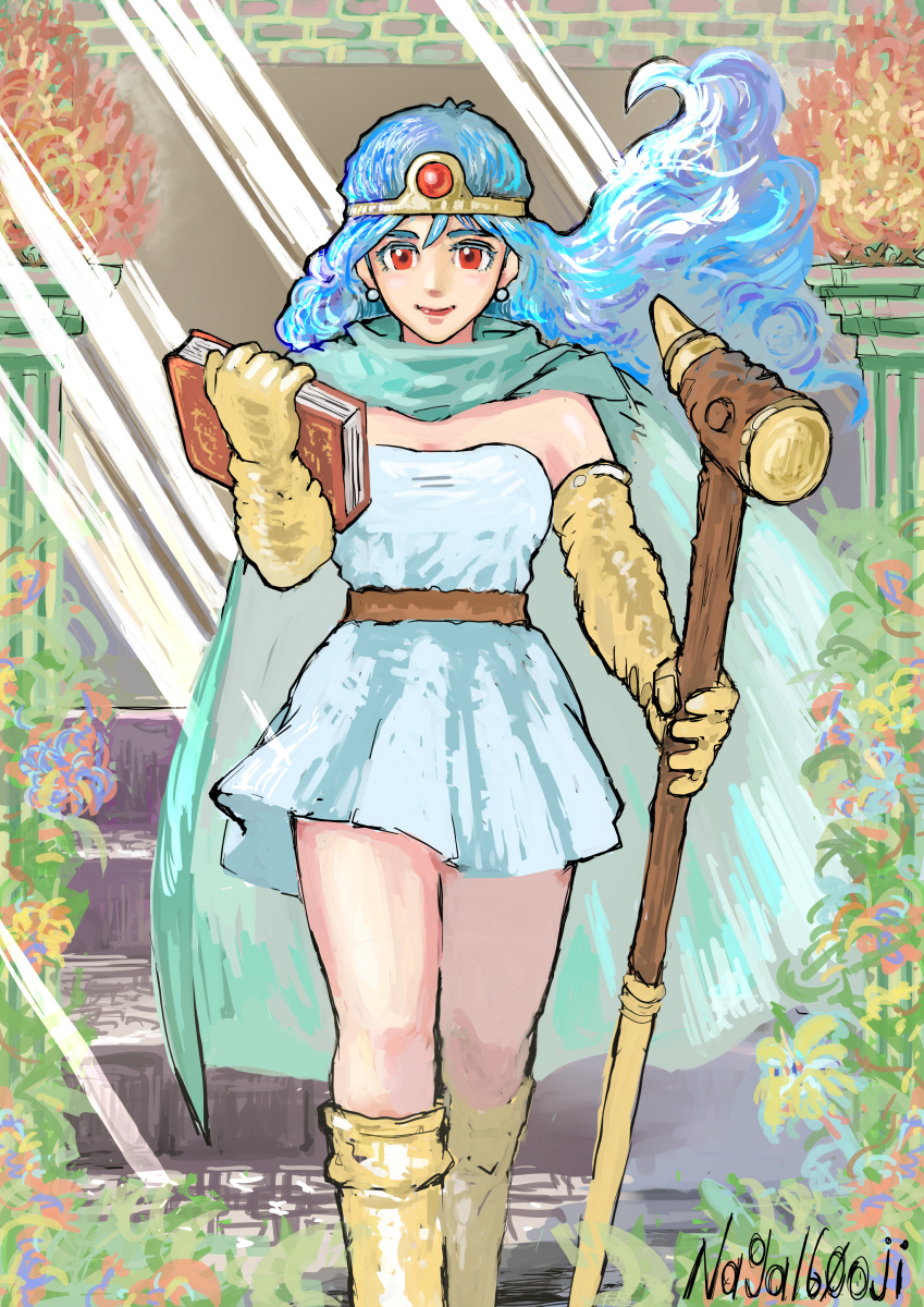 naga160oji, sage (dq3), dragon quest, dragon quest iii, highres, 1girl, artist name, belt, blue hair, book, boots, breasts, brick wall, brown belt, circlet, cloak, closed mouth, column, dress, earrings, elbow gloves, feet out of frame, gem, gloves, green cloak, holding, holding book, holding staff, jewelry, long hair, medium breasts, pearl earrings, pillar, red eyes, red gemstone, short dress, smile, solo, staff, strapless, strapless dress, sunlight, white dress, yellow boots, yellow gloves