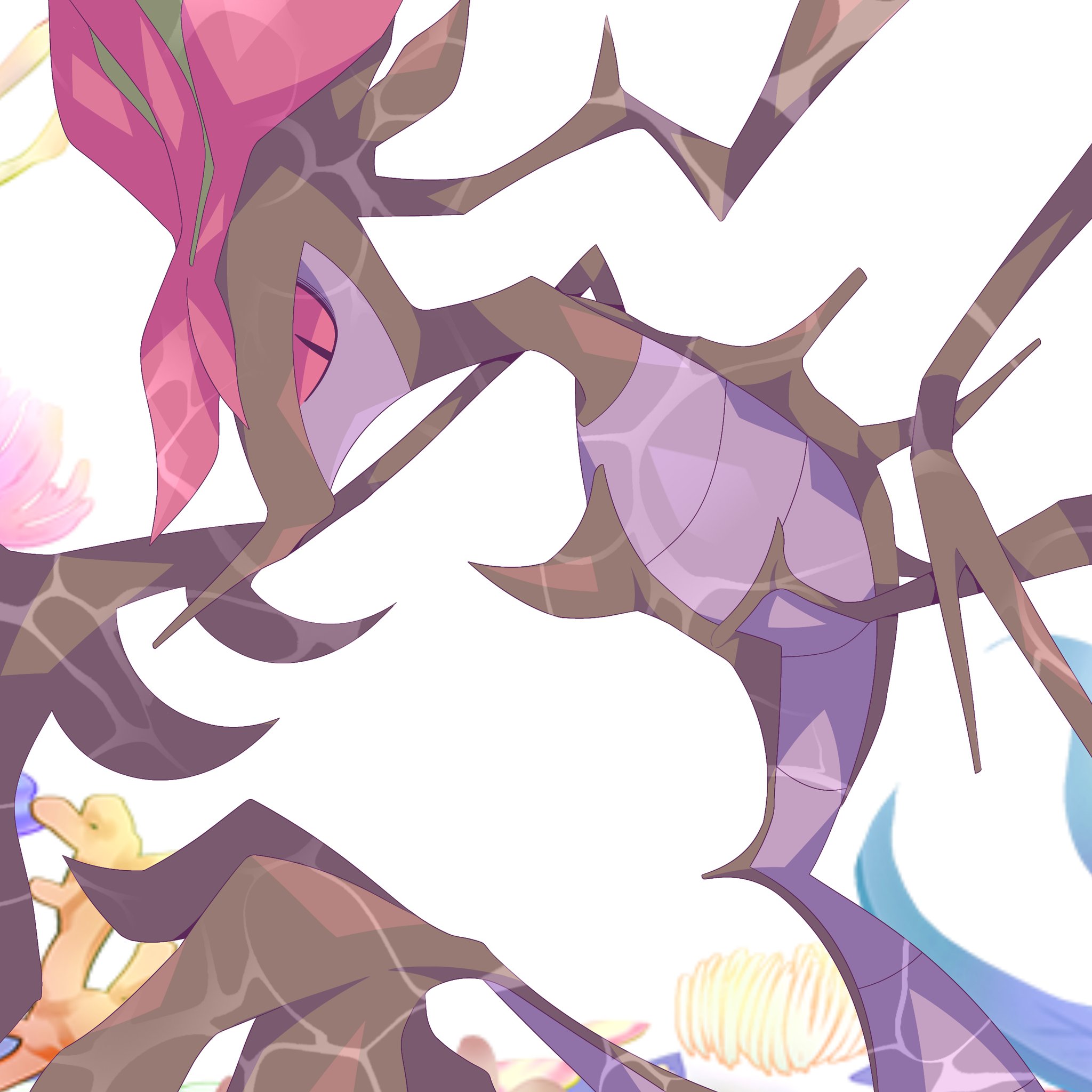 rullu 1507, dragalge, nintendo, pokemon, highres, colored sclera, coral, dragon, fish, gen 6 pokemon, no humans, pokemon (creature), pokemon focus, red eyes, red sclera, seahorse, solo