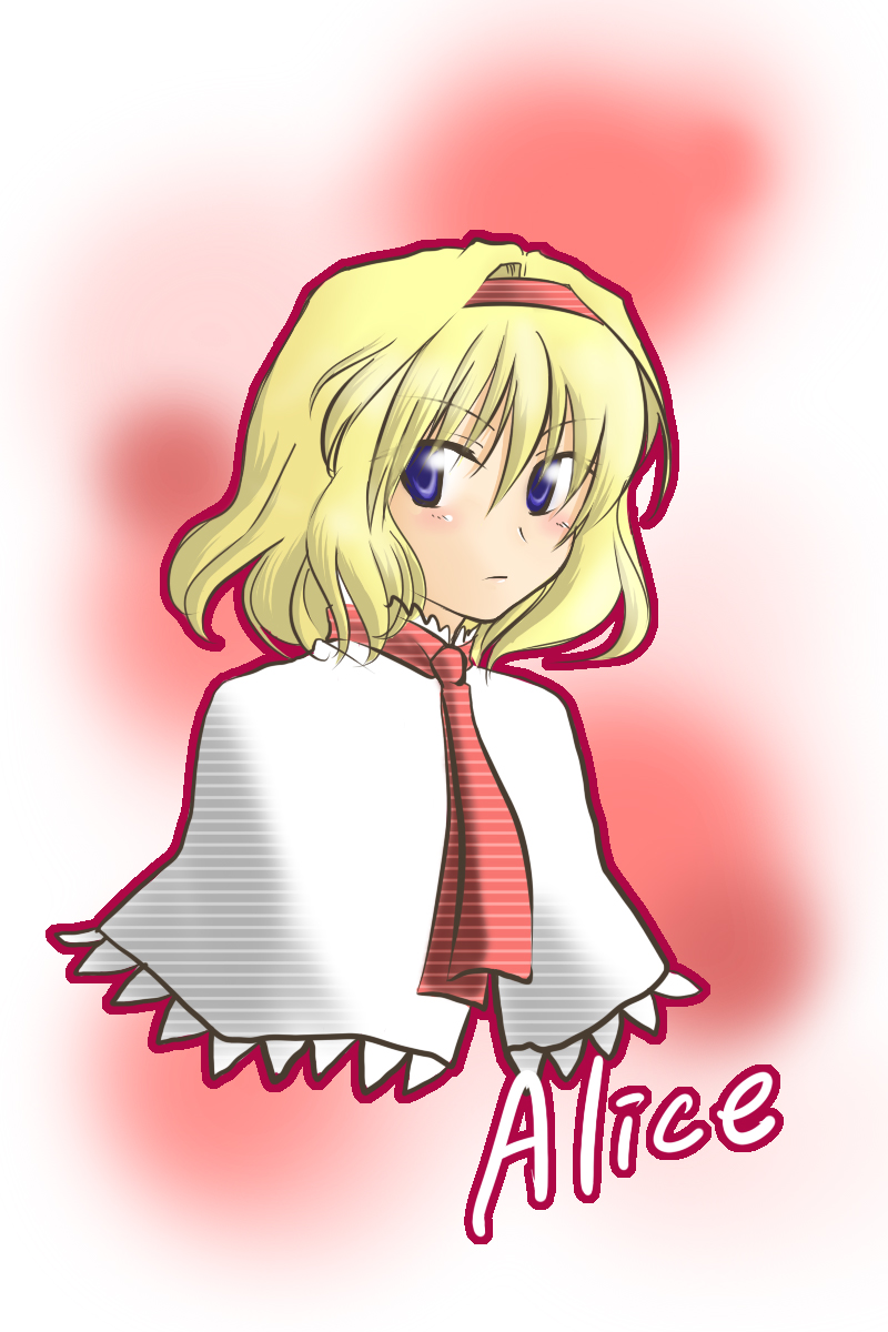 tsukiya sakumi, alice margatroid, touhou, highres, 1girl, blonde hair, capelet, character name, female focus, hairband, looking at viewer, purple eyes, red background, short hair, simple background, solo