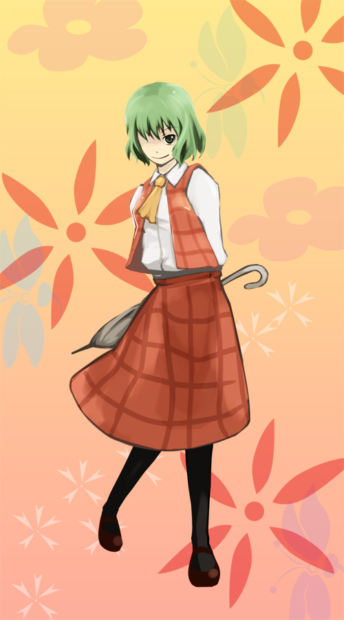 ruit, kazami yuuka, touhou, 1girl, ascot, black pantyhose, blue eyes, closed umbrella, female focus, flower, green eyes, green hair, matching hair/eyes, one-eyed, pantyhose, plaid clothes, plaid skirt, plaid vest, short hair, skirt, skirt set, smirk, solo, umbrella, vest