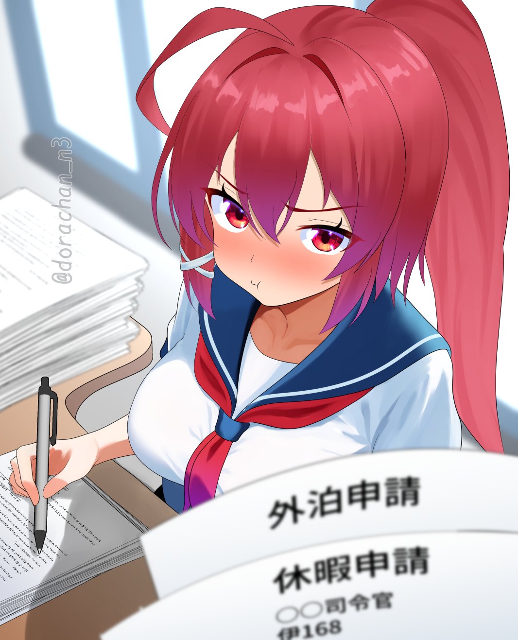 dorachan r, i-168 (kancolle), kantai collection, commentary request, highres, translation request, 1girl, ahoge, blue sailor collar, blush, breasts, long hair, looking at viewer, medium breasts, neckerchief, nose blush, one-hour drawing challenge, paper, pen, ponytail, pout, red hair, red neckerchief, sailor collar, sailor shirt, school uniform, serafuku, shirt, solo, twitter username, upper body, white shirt, window