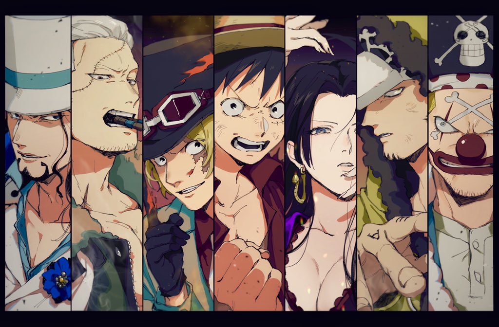 kabane (rjev8385), boa hancock, buggy the clown, monkey d. luffy, rob lucci, sabo (one piece), smoker (one piece), trafalgar law, one piece, one piece: stampede, commentary request, 1girl, 6+boys, black gloves, black hair, blonde hair, blue eyes, cigar, coat, earrings, facial hair, gloves, goatee, hand tattoo, hat, hood, hooded coat, jewelry, long hair, looking at viewer, looking down, looking to the side, makeup, multiple boys, red nose, scar, scar on face, sidelocks, smile, snake earrings, stitched face, stitches, tattoo, upper body, white hair, white hat, yellow coat