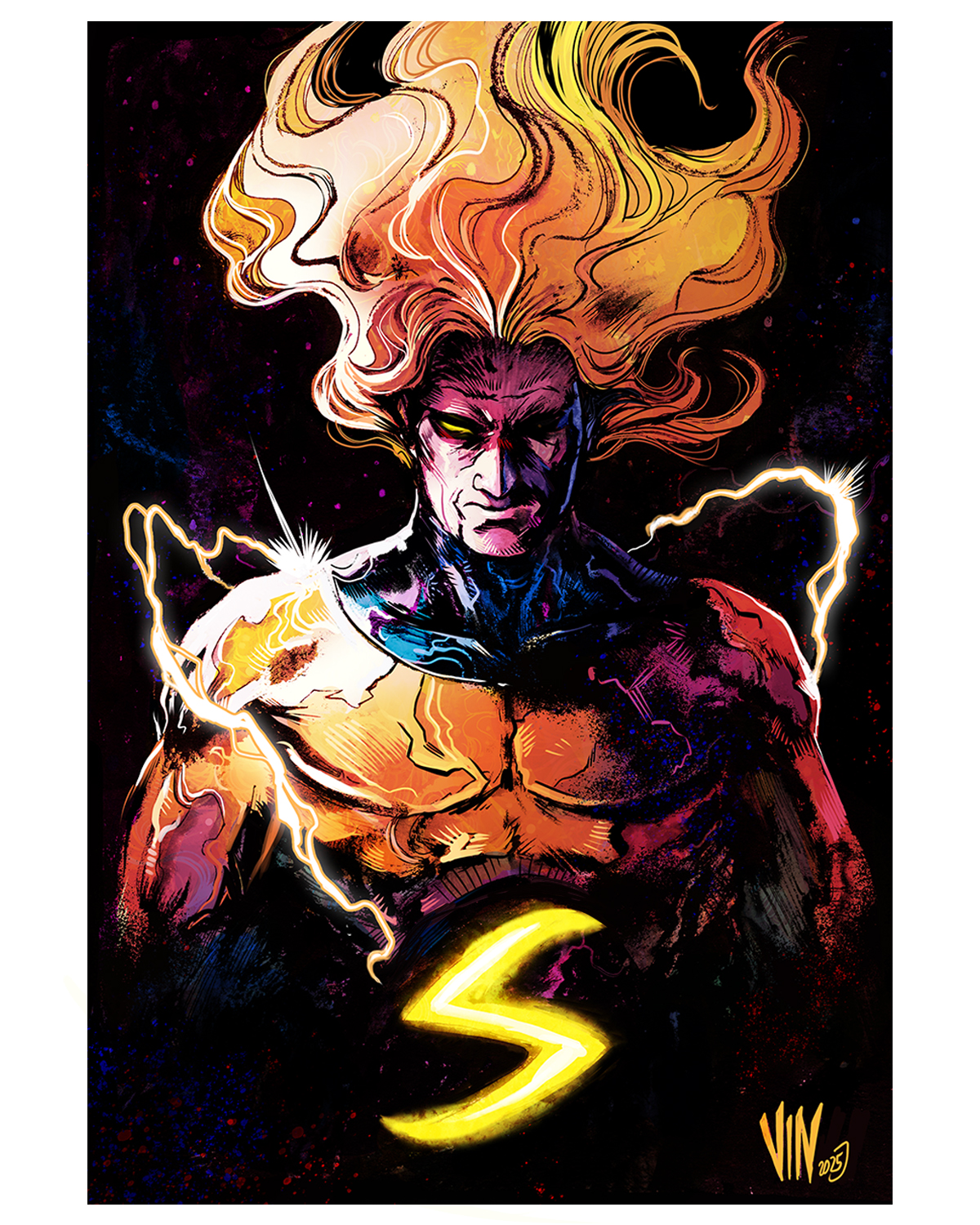vinartwork, sentry (marvel), marvel, highres, 1boy, artist name, black background, black bodysuit, blonde hair, bodysuit, closed mouth, electricity, floating hair, glowing, glowing eyes, letter, male focus, orange eyes, signature, simple background, superhero costume, two-tone bodysuit, two-tone shirt, upper body, yellow bodysuit