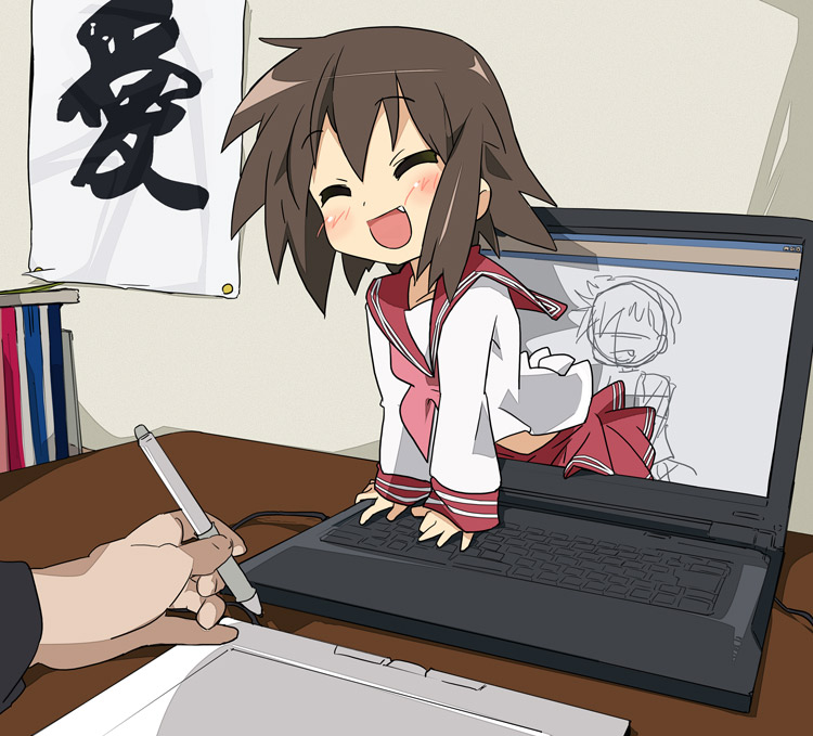 ixy, kusakabe misao, lucky star, wacom, translation request, 00s, 1girl, blush, brown hair, closed eyes, computer, computer keyboard, drawing tablet, fang, female focus, happy, laptop, pen, school uniform, serafuku, short hair, solo, stylus, through medium, through screen