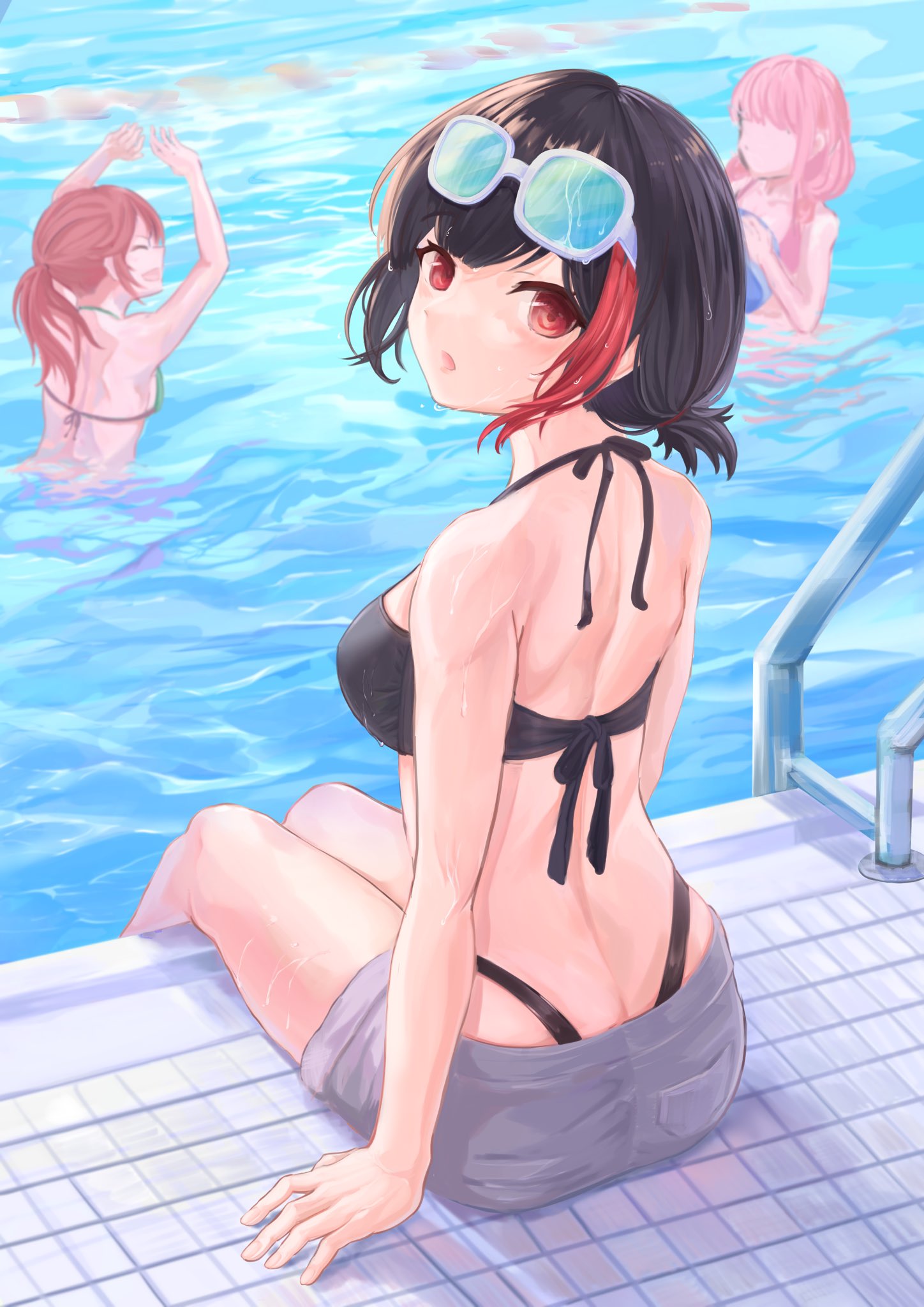 sunnysalt 08, mitake ran, udagawa tomoe, uehara himari, bang dream!, commentary, english commentary, engrish commentary, highres, 3girls, ball, beachball, bikini, bikini under shorts, black bikini, black hair, breasts, eyewear on head, green bikini, grey shorts, halterneck, holding, holding ball, holding beachball, large breasts, looking at viewer, multiple girls, open mouth, pink hair, ponytail, pool, red eyes, red hair, red streaks, short hair, shorts, sitting, swimsuit