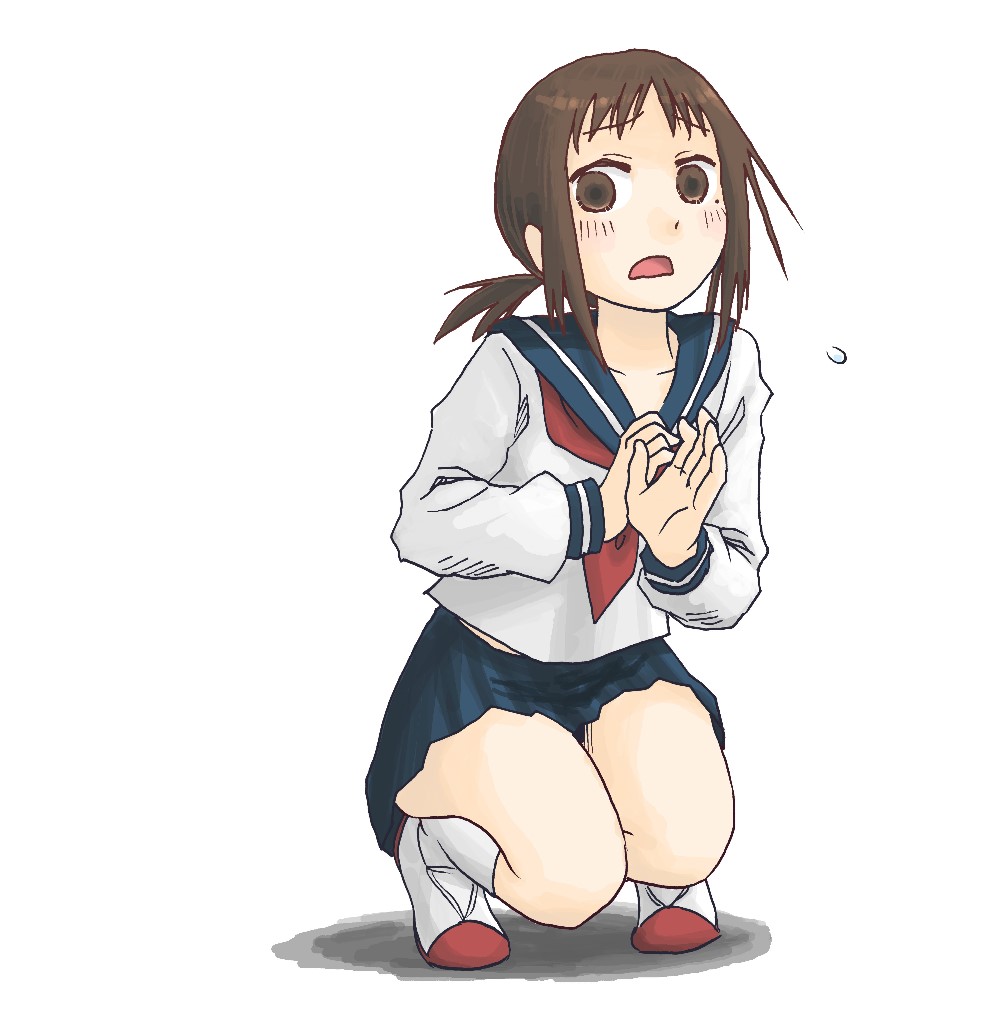 kaga ai, sayonara zetsubou sensei, 00s, 1girl, blue skirt, brown eyes, brown hair, collarbone, female focus, full body, kneehighs, long sleeves, looking at viewer, neckerchief, open mouth, pleated skirt, ponytail, school uniform, serafuku, shirt, shoes, short hair, sidelocks, simple background, skirt, socks, solo, squatting, white background, white shirt, white socks