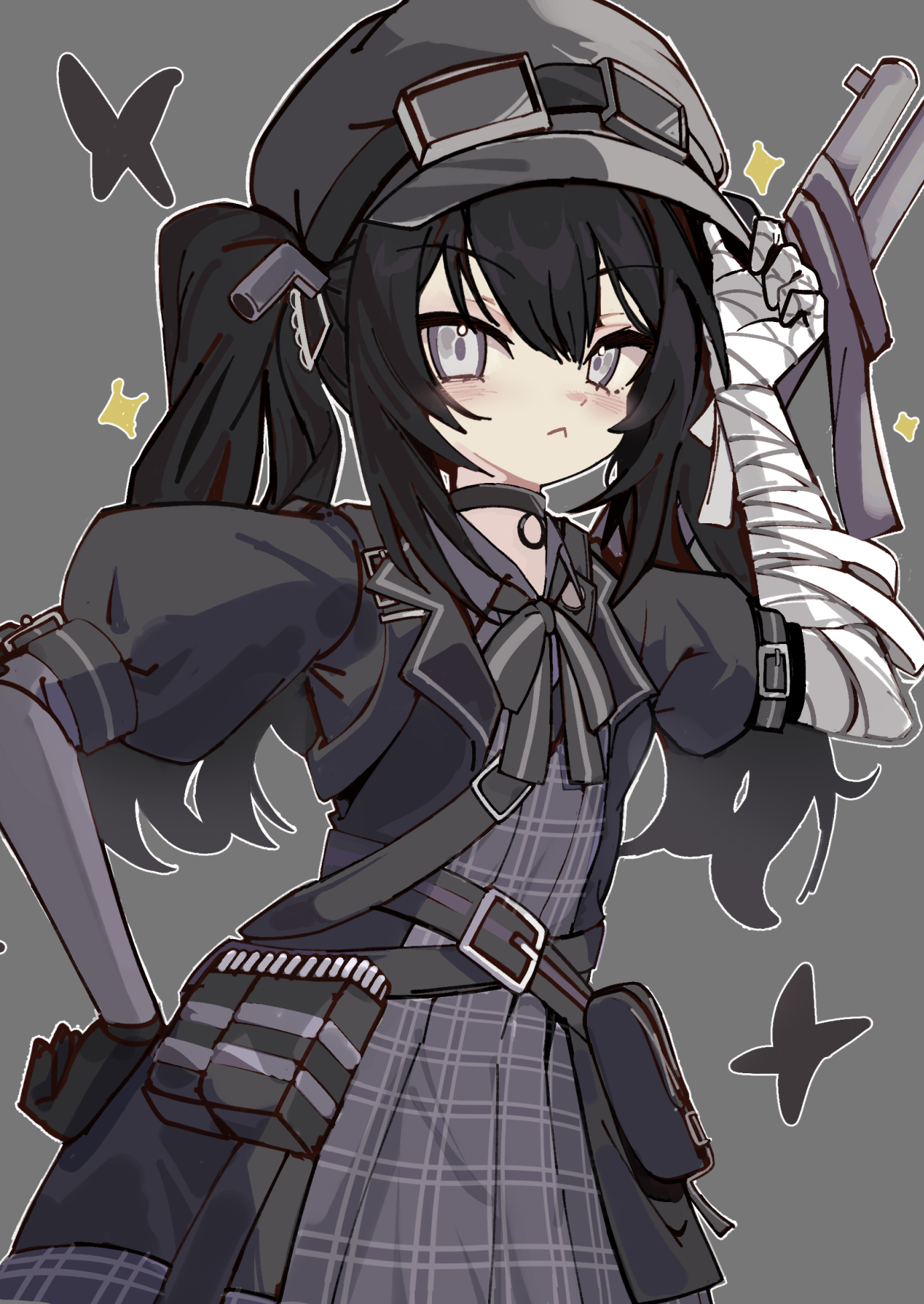 amaton707, mahou shoujo no majo saiban, commentary request, highres, 1girl, :<, ammunition pouch, bandaged arm, bandages, belt pouch, black choker, black gloves, black hair, black hat, choker, closed mouth, cowboy shot, dress, gloves, goggles, grey background, grey dress, grey eyes, grey hat, grey ribbon, gun, hand on own hip, hand up, hat, kurobe nanoka, long hair, looking at viewer, magical girl, neck ribbon, o-ring, o-ring choker, outline, pouch, puffy short sleeves, puffy sleeves, ribbon, rifle, short sleeves, simple background, single glove, solo, sparkle, standing, twintails, weapon, weapon on back, white outline