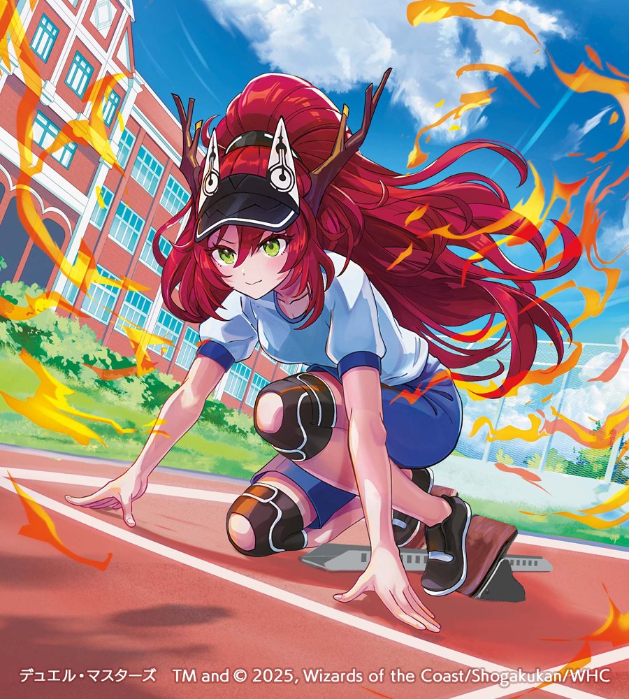 aratakosu (tako's), dragon musume ni naritakunai!, duel masters, official art, 1girl, 2025, black shoes, black visor, blue sky, building, closed mouth, cloud, cloudy sky, copyright notice, fire, green eyes, gym shorts, hair between eyes, hair ornament, hands on ground, high ponytail, jurako ljuba, knee pads, long hair, on one knee, outdoors, ponytail, red hair, running track, shirt, shoes, shorts, sky, solo, starting block, track and field, very long hair, white shirt