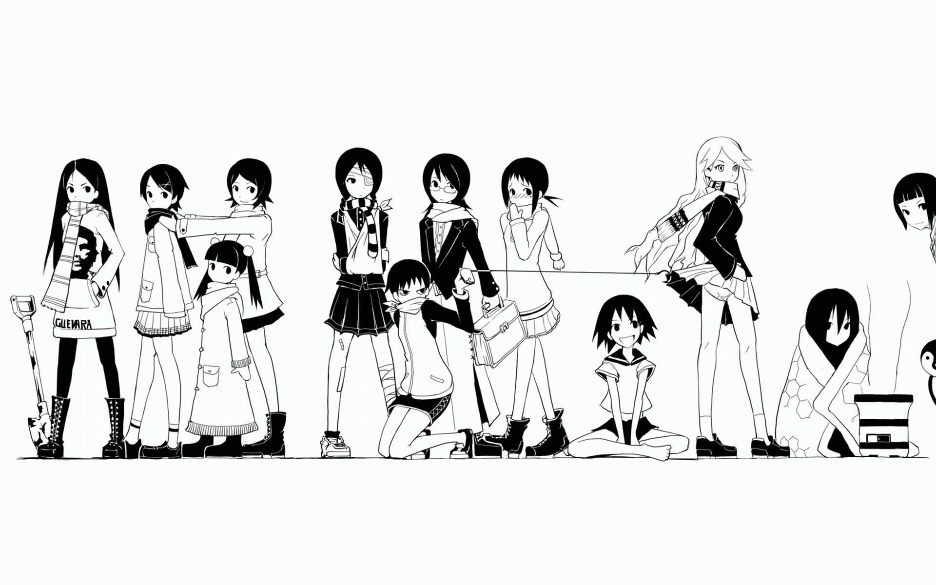 che guevara, fujiyoshi harumi, fuura kafuka, hitou nami, kaga ai, kimura kaere, kitsu chiri, kobushi abiru, komori kiri, mitama mayo, otonashi meru, sekiutsu maria tarou, tsunetsuki matoi, sayonara zetsubou sensei, highres, non-web source, 00s, 6+girls, alternate costume, bag, bandage over one eye, bandages, bandaid, barefoot, bird, black hair, blanket, blonde hair, blood, blush, boots, braid, casual, clothes lift, contemporary, everyone, eyepatch, glasses, gloves, greyscale, hair ornament, hairclip, hook, long hair, long sleeves, monochrome, multiple girls, panties, pantyhose, pantyshot, penguin, pocket, ponytail, satchel, scarf, school bag, school uniform, serafuku, short hair, shovel, skirt, skirt lift, smile, text focus, twin braids, twintails, underwear, upskirt, walking, winter clothes, worktool