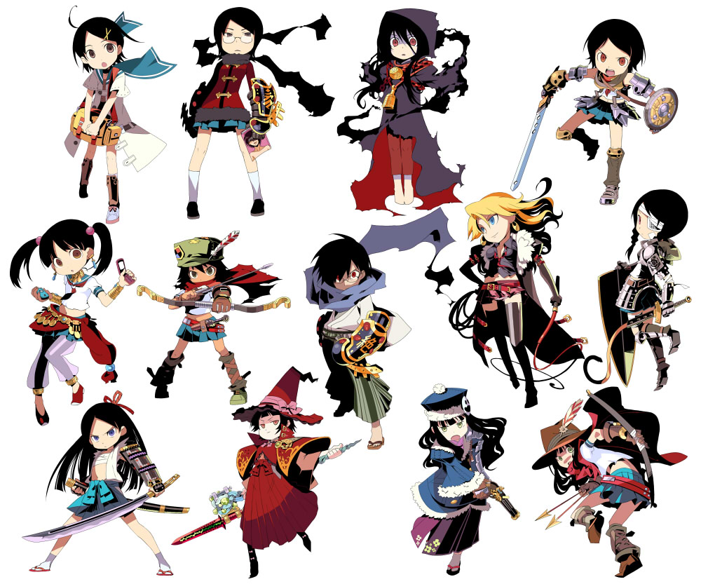 himukai yuuji, taha, fujiyoshi harumi, fuura kafuka, hitou nami, itoshiki nozomu, itoshiki rin, jack frost (megami tensei), kimura kaere, kitsu chiri, kobushi abiru, komori kiri, otonashi meru, sekiutsu maria tarou, tsunetsuki matoi, atlus, etrian odyssey, sayonara zetsubou sensei, 00s, 1boy, 6+girls, arrow (projectile), bandage over one eye, bandages, black hair, blonde hair, blue eyes, bow (weapon), brown eyes, cellphone, crossover, everyone, glasses, green eyes, gun, hat, multiple girls, parted bangs, phone, red eyes, shield, sword, thighhighs, twintails, weapon, whip