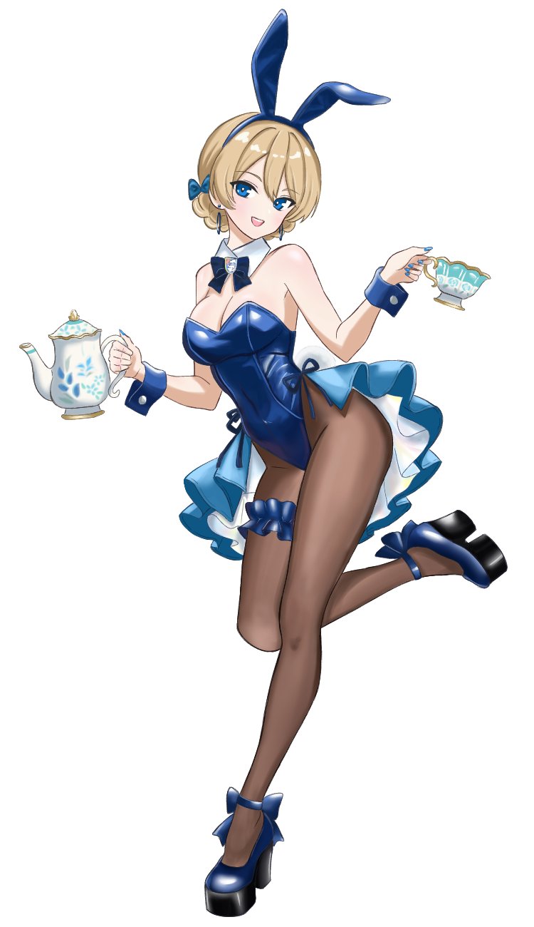 darjeeling (girls und panzer), girls und panzer, commentary request, highres, 1girl, animal ear hairband, animal ears, bare shoulders, black bow, black bowtie, black pantyhose, blonde hair, blue eyes, blue leotard, blue shoes, blue skirt, blue wrist cuffs, bow, bowtie, breasts, cup, detached collar, fake animal ears, full body, hairband, high heels, leotard, licoris miko, nape braid, pantyhose, platform shoes, playboy bunny, rabbit ears, shoes, short hair, showgirl skirt, side-tie leotard, simple background, skirt, smile, solo, strapless, strapless leotard, teacup, teapot, white background, wrist cuffs