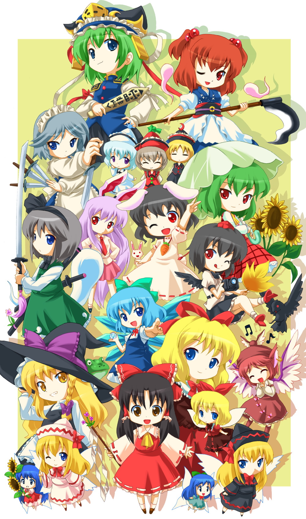 michii yuuki, cirno, hakurei reimu, inaba tewi, izayoi sakuya, kazami yuuka, kirisame marisa, konpaku youmu, konpaku youmu (ghost), lily black, lily white, lunasa prismriver, lyrica prismriver, medicine melancholy, merlin prismriver, mystia lorelei, onozuka komachi, reisen udongein inaba, shameimaru aya, shiki eiki, su-san, phantasmagoria of flower view, touhou, silver hair, bad id, bad pixiv id, highres, 6+girls, :p, animal ears, ascot, beamed quavers, bird, black hair, black wings, blonde hair, blue eyes, blue hair, brown eyes, camera, chibi, closed eyes, crow, crown, doll, dual persona, everyone, fairy, female focus, flower, frog, ghost, gohei, green hair, hair ribbon, hairband, hand fan, hat, hitodama, japanese clothes, katana, knife, long hair, maid, miko, multiple girls, musical note, one eye closed, outstretched arms, parasol, plaid clothes, plaid skirt, plaid vest, purple eyes, purple hair, quaver, rabbit ears, red eyes, red hair, ribbon, rod of remorse, scythe, short hair, skirt, skirt set, spread arms, sunflower, sword, throwing knife, tongue, tongue out, umbrella, v, vest, weapon, wings, wink, witch, witch hat, yellow eyes