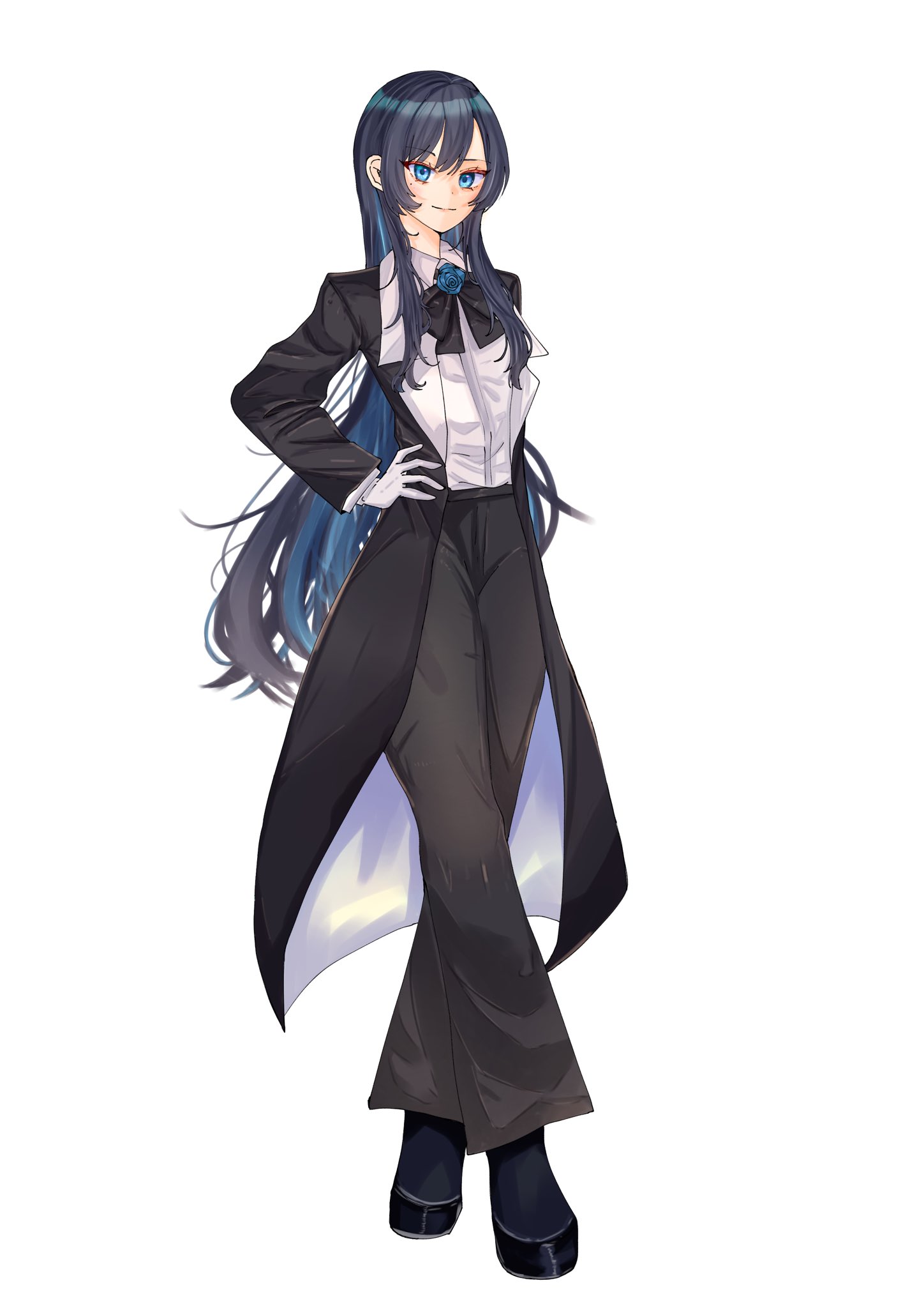 yowai sansei831, chando (ado), ado (utaite), commentary request, highres, 1girl, black bow, black bowtie, black coat, black hair, black pants, black shoes, blue eyes, blue flower, blue hair, blue rose, bow, bowtie, closed mouth, coat, colored inner hair, flower, full body, gloves, hand on own hip, long hair, mole, mole under eye, multicolored hair, open clothes, open coat, pants, rose, shoes, sidelocks, simple background, solo, utaite, white background, white gloves