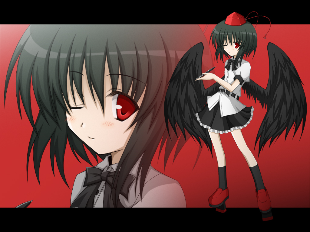 nenaro, shameimaru aya, touhou, 1girl, black hair, black wings, blush, female focus, geta, hat, looking at viewer, one eye closed, pen, short hair, smile, socks, solo, tengu-geta, wings, wink