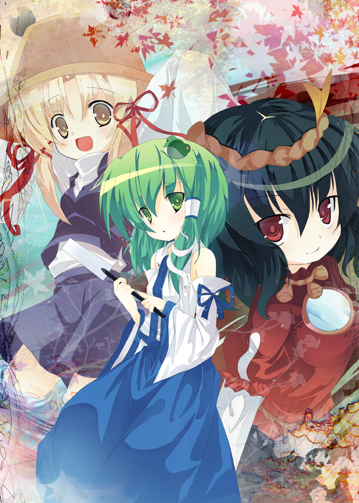 omiso, omiso (omiso), kochiya sanae, moriya suwako, yasaka kanako, touhou, bad id, bad pixiv id, 3girls, arms up, blonde hair, blue hair, female focus, frog, green hair, hat, japanese clothes, long hair, long sleeves, looking at viewer, miko, multiple girls, outstretched arms, ribbon, rope, short hair, sleeves past wrists, snake