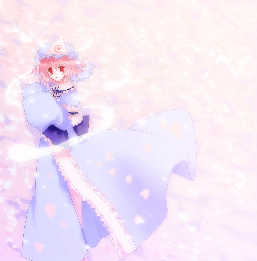 yuuma (omaeno meinichi), saigyouji yuyuko, touhou, bad id, bad pixiv id, 1girl, dress, female focus, hat, japanese clothes, kimono, petals, pink hair, short hair, solo