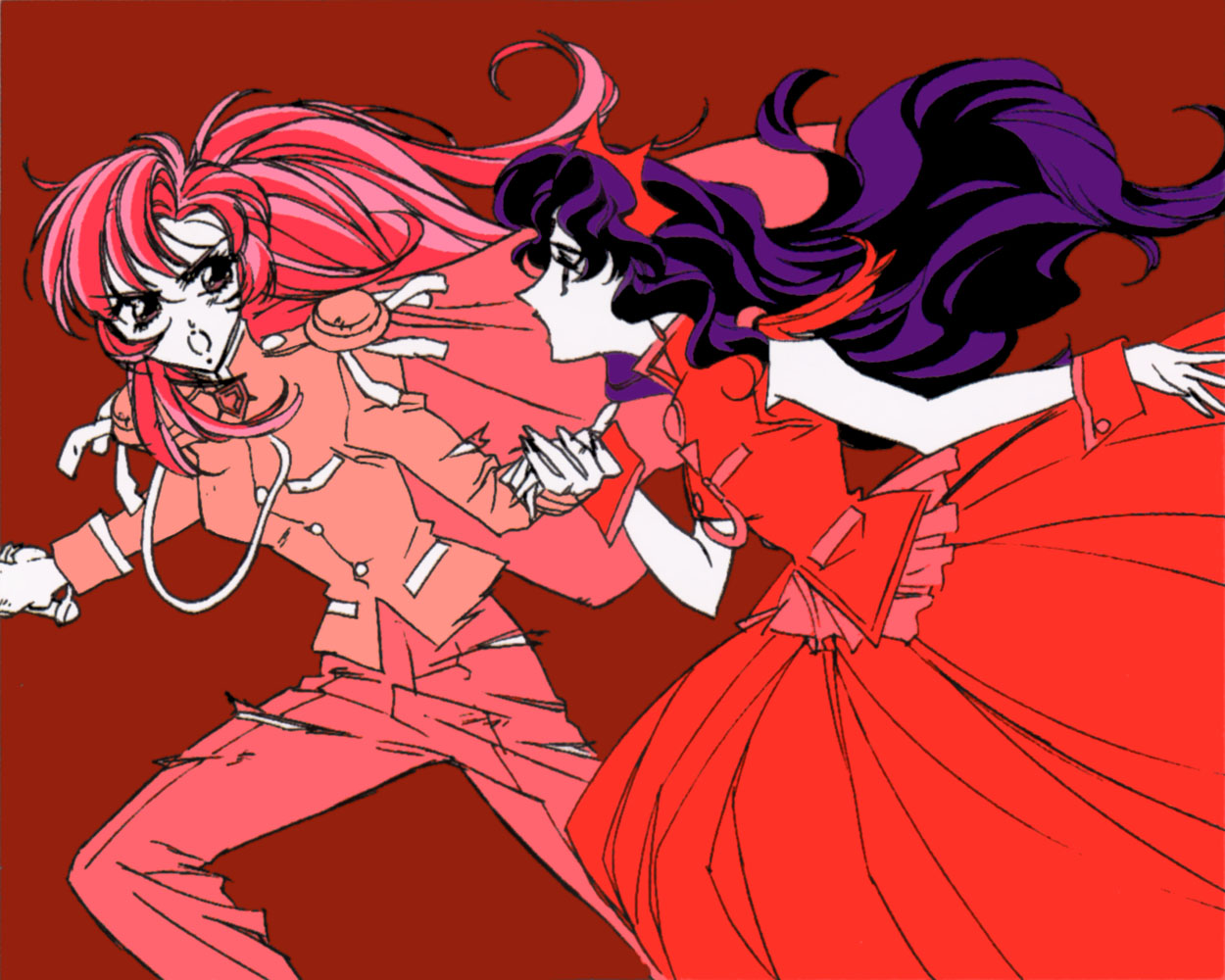 himemiya anthy, tenjou utena, shoujo kakumei utena, official art, scan, 1990s (style), 2girls, aiguillette, multiple girls, red background, red theme, retro artstyle