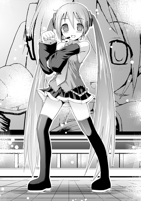 oniyazu kakashi, hatsune miku, vocaloid, 1girl, female focus, greyscale, long hair, monochrome, solo, thighhighs, twintails, very long hair