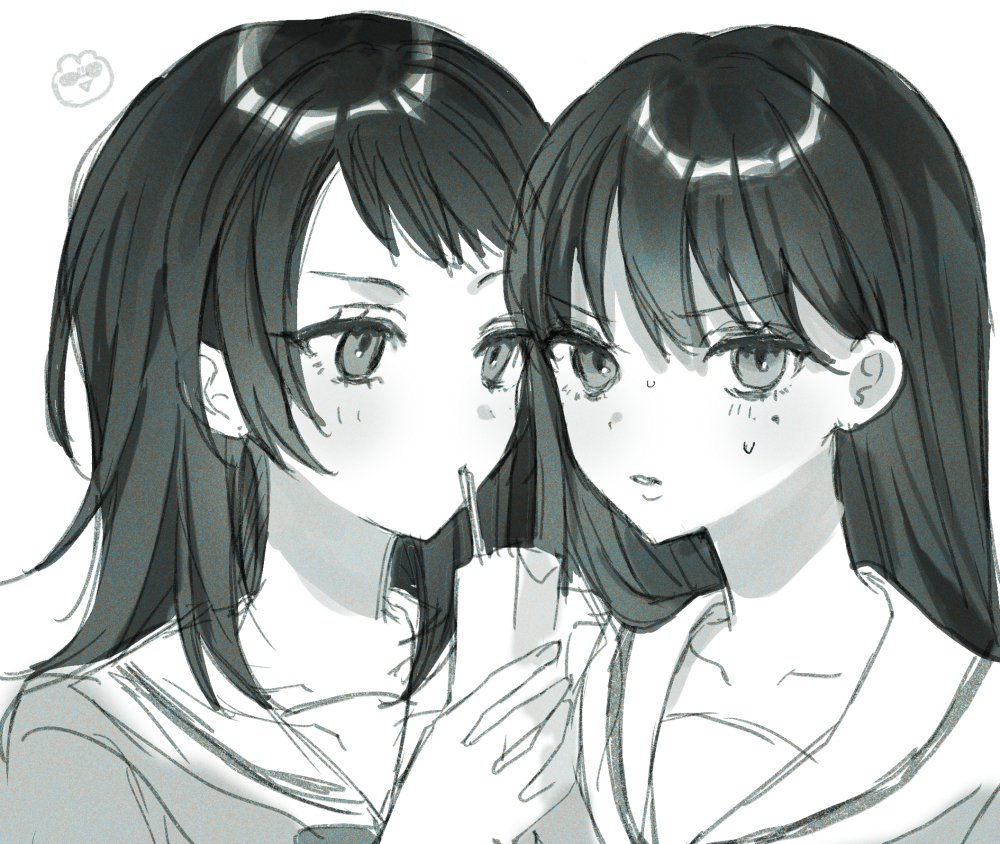 bluuue, shiina taki, yahata umiri, bang dream!, bang dream! it's mygo!!!!!, commentary request, 2girls, drinking straw, drinking straw in mouth, greyscale, hanasakigawa school uniform, holding carton, long hair, medium hair, mole, mole under eye, monochrome, multiple girls, nervous sweating, open mouth, parted lips, school uniform, serafuku, simple background, sweat, upper body, white background, yuri