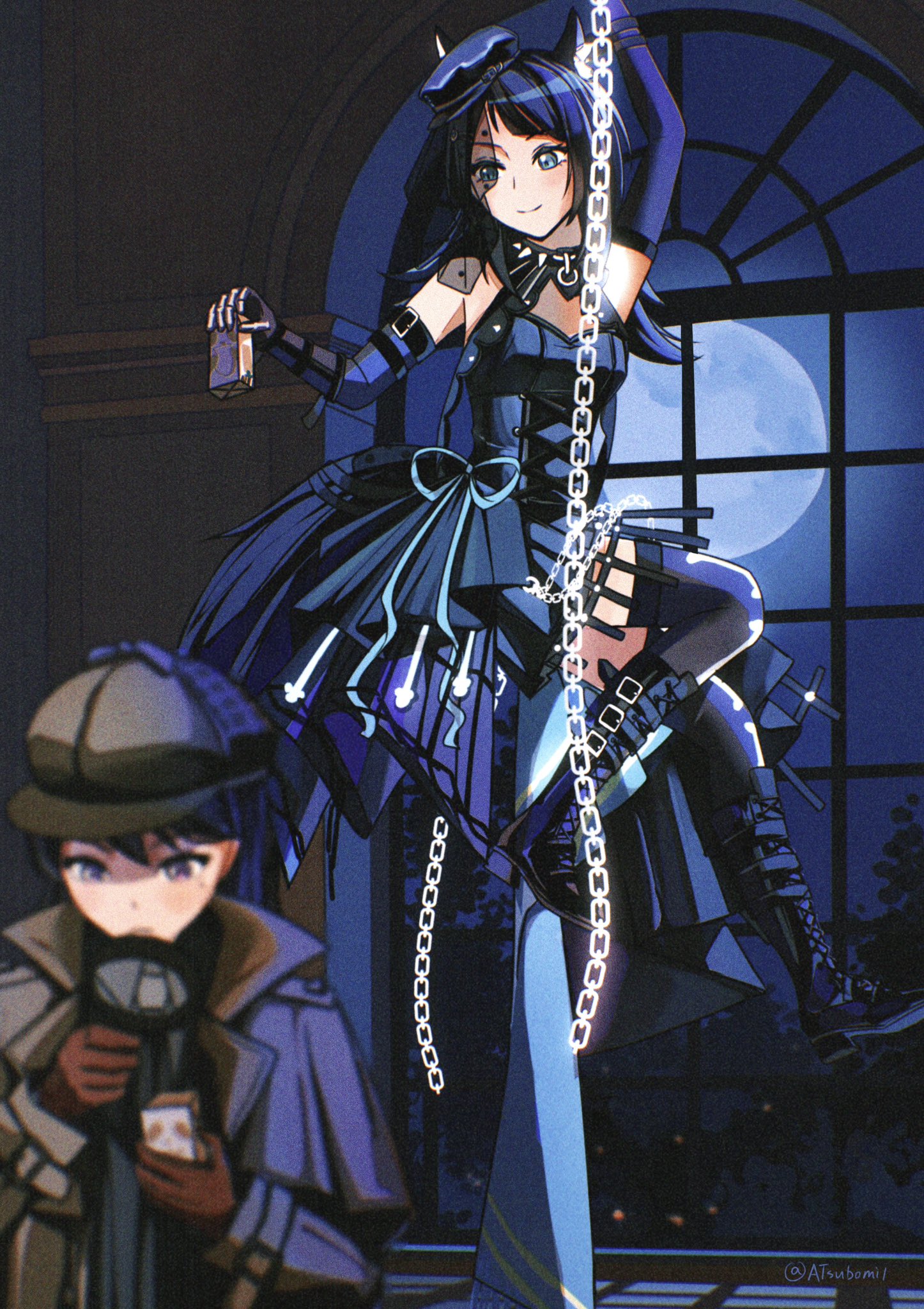 shiina taki, yahata umiri, yahata umiri (moonlight executioner), arknights, bang dream!, bang dream! it's mygo!!!!!, commentary, hashtag-only commentary, highres, 2girls, animal ears, atsubomi, black boots, black dress, black gloves, black hair, black hat, black thighhighs, blue eyes, blurry, boots, brown coat, brown hat, chain, closed mouth, coat, depth of field, dress, full moon, gloves, hat, holding carton, long hair, magnifying glass, moon, multiple girls, red gloves, sleeveless, sleeveless dress, thighhighs, window, wolf ears, wolf girl