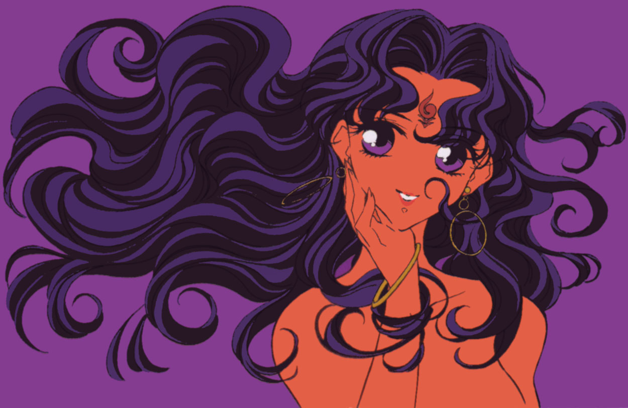 himemiya anthy, shoujo kakumei utena, official art, scan, 1990s (style), 1girl, bracelet, earrings, female focus, jewelry, purple background, purple eyes, purple hair, purple theme, retro artstyle, smile, solo, topless female, topless frame