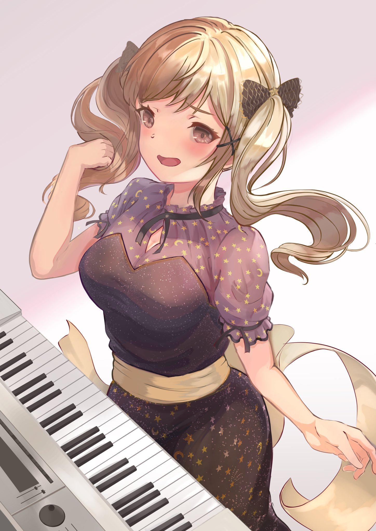sunnysalt 08, ichigaya arisa, bang dream!, commentary request, highres, 1girl, breasts, brown eyes, brown hair, grey background, hand up, instrument, keyboard (instrument), large breasts, long hair, open mouth, purple shirt, shirt, short sleeves, solo, star (symbol), star print, twintails