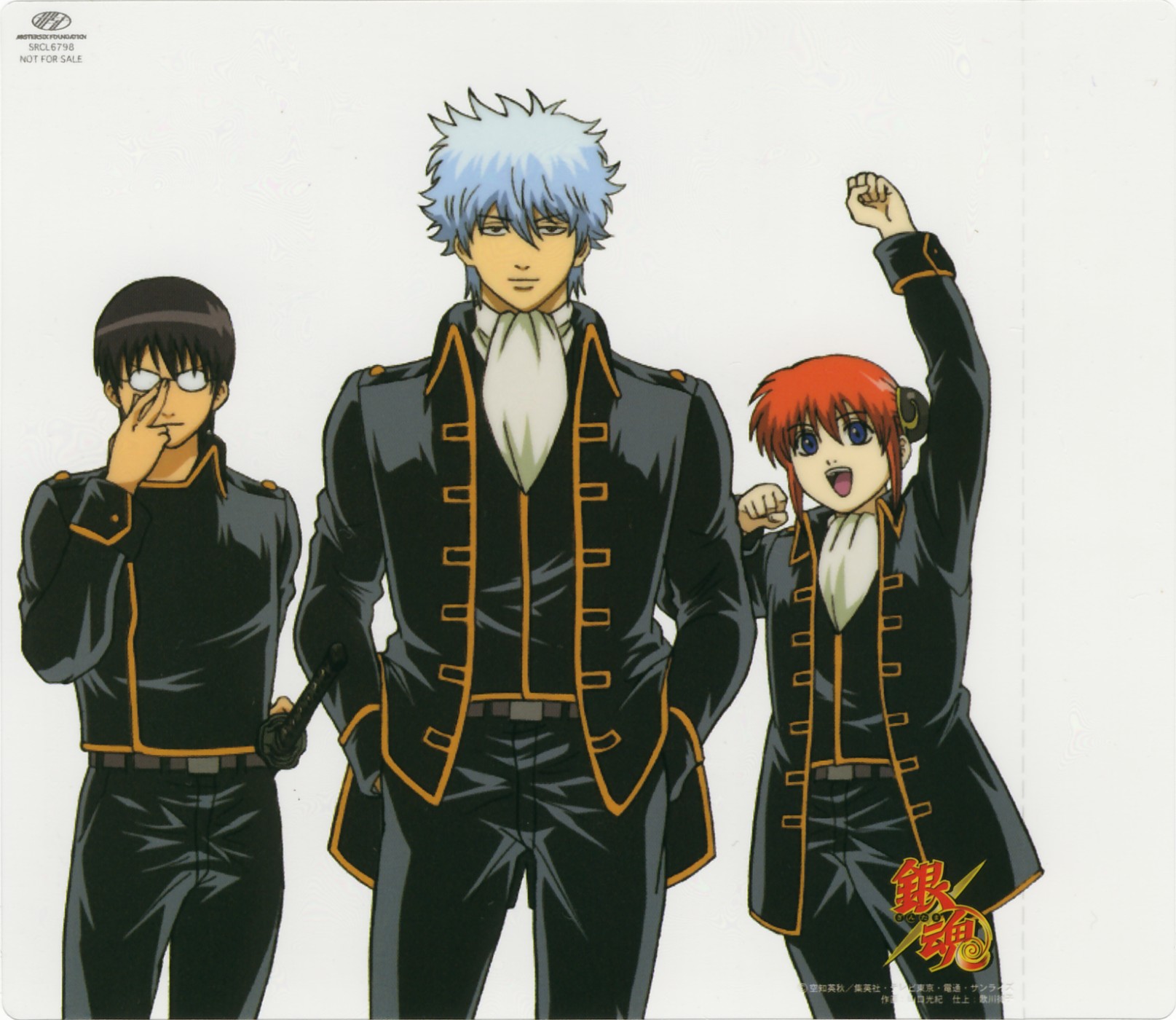 kagura (gintama), sakata gintoki, shimura shinpachi, gintama, silver hair, highres, scan, 00s, 1girl, 2boys, :d, adjusting eyewear, black hair, clenched hand, formal clothes, glasses, hidden eyes, long sleeves, looking at viewer, multiple boys, opaque glasses, open mouth, pants, raised fist, smile, spiked hair, suit