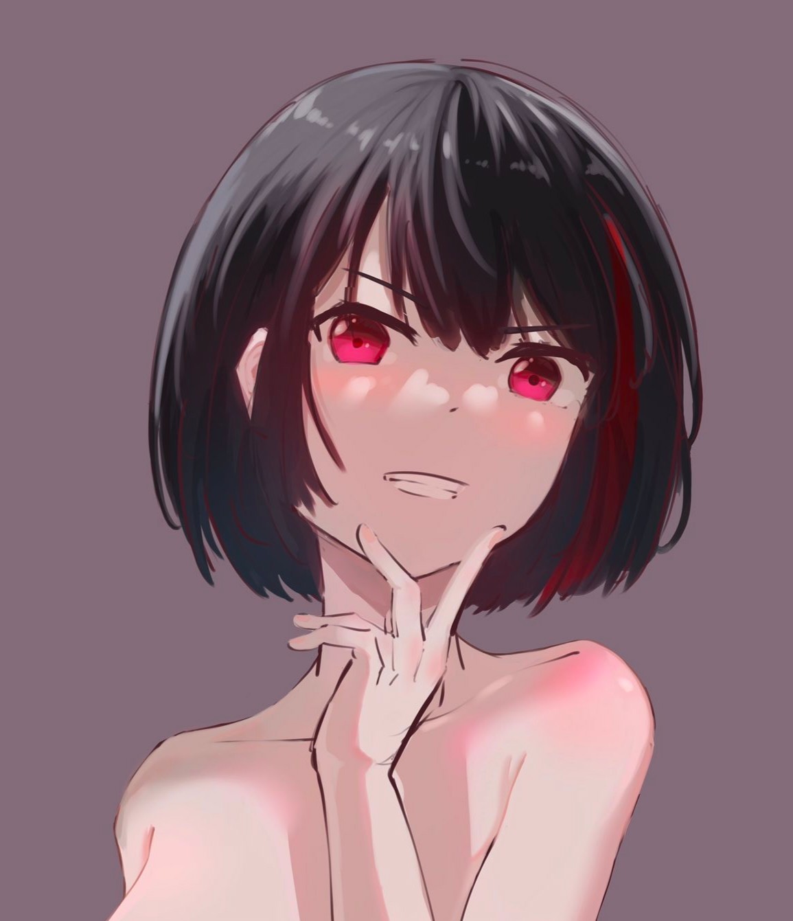 sunnysalt 08, mitake ran, bang dream!, commentary request, highres, 1girl, black hair, collarbone, grey background, nude, red eyes, red streaks, short hair, simple background, solo, upper body