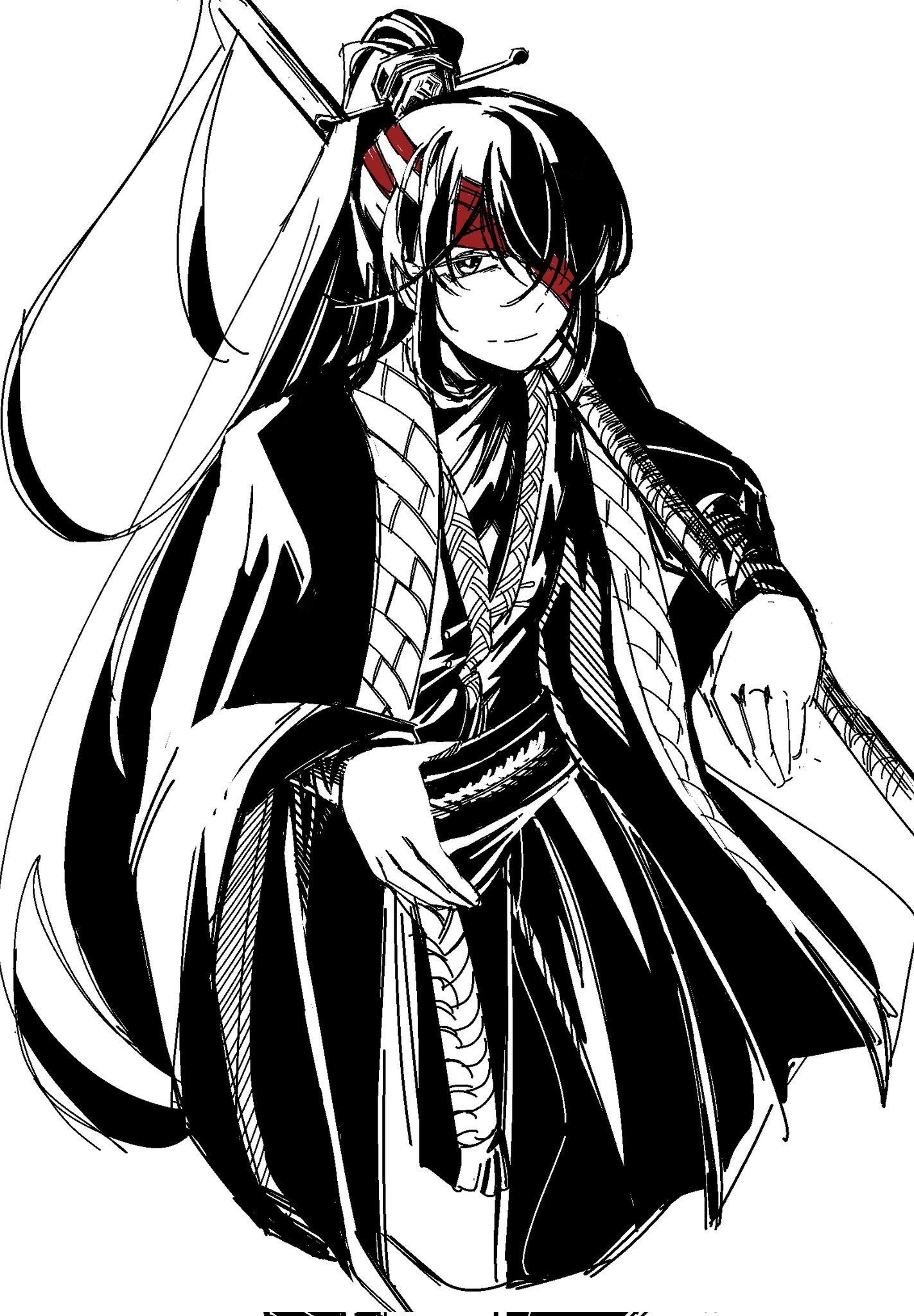 hong lu (project moon), limbus company, project moon, highres, 1boy, abab53709317, bandage over one eye, black eyes, black hair, black hanfu, chinese clothes, family hierarch candidate (identity) (project moon), hanfu, high ponytail, long hair, looking at viewer, male focus, partially colored, ponytail, red bandage, rope belt, simple background, smile, solo, stole, upper body, white background