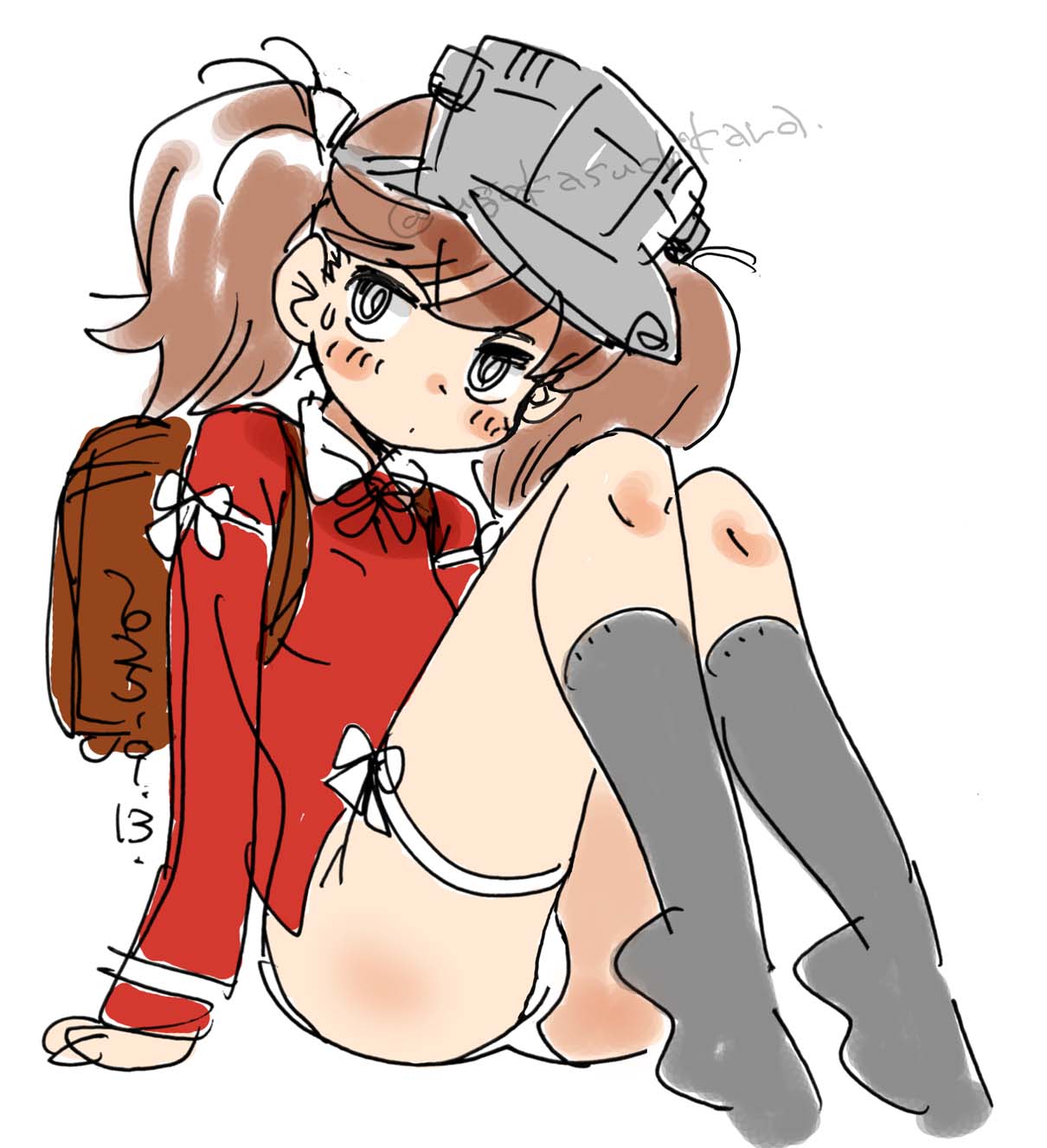 fussan senryobako, ryuujou (kancolle), kantai collection, highres, 1girl, arm support, ass, backpack, bag, black socks, blush, brown hair, japanese clothes, kariginu, panties, simple background, sketch, socks, twintails, underwear, visor cap, white background