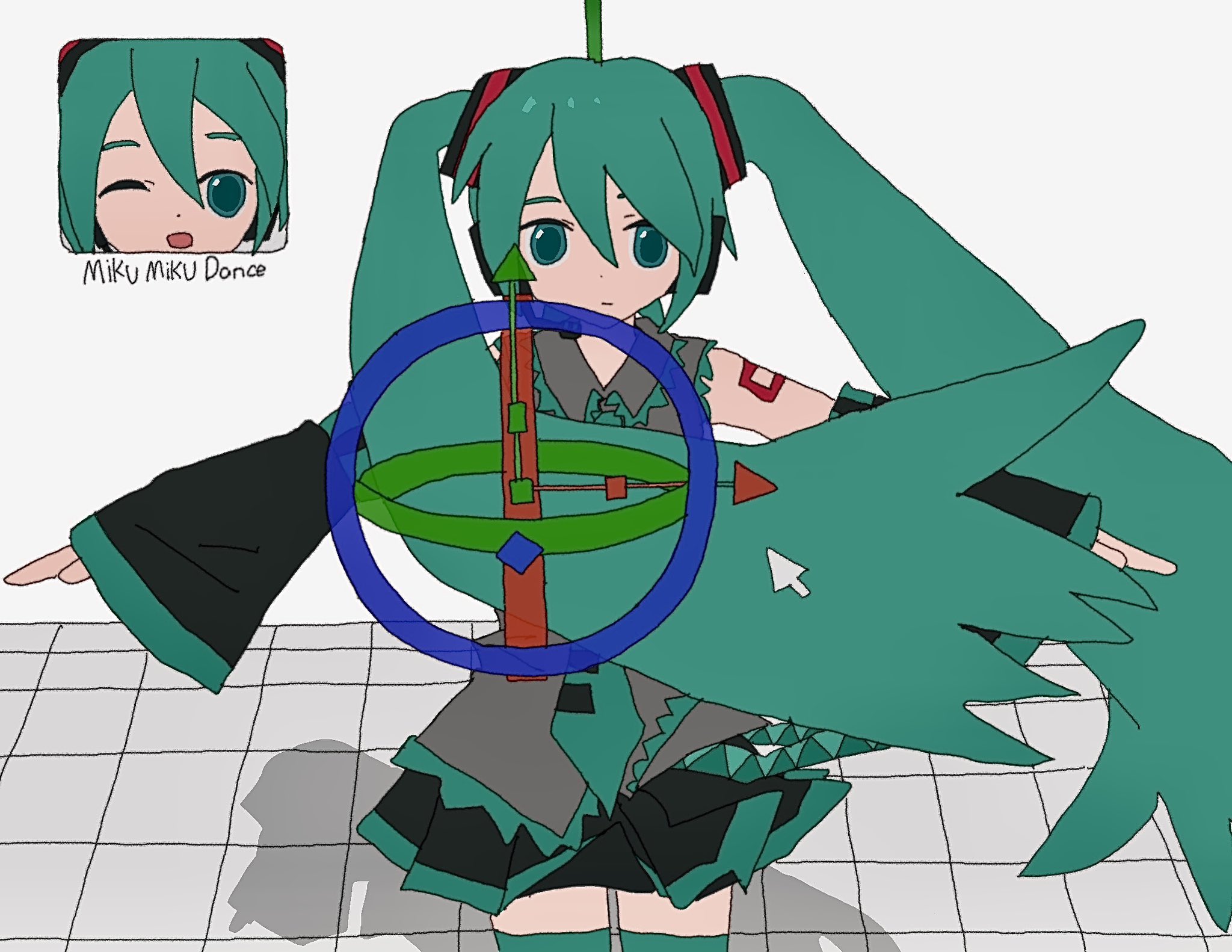 kousou (vanilla rkgk), hatsune miku, vocaloid, highres, 1girl, aqua eyes, aqua hair, aqua necktie, black skirt, black sleeves, cursor, detached sleeves, grey shirt, headset, long hair, mikumikudance, necktie, number tattoo, pleated skirt, shirt, skirt, solo, t-pose, tattoo, twintails, user interface, very long hair, white background, xyz axis