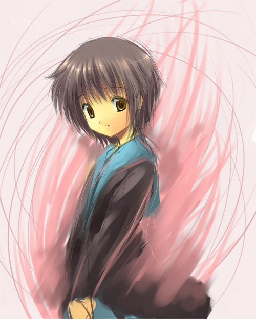 kitiroku, nagato yuki, suzumiya haruhi no yuuutsu, 00s, 1girl, cardigan, female focus, purple hair, school uniform, serafuku, short hair, solo