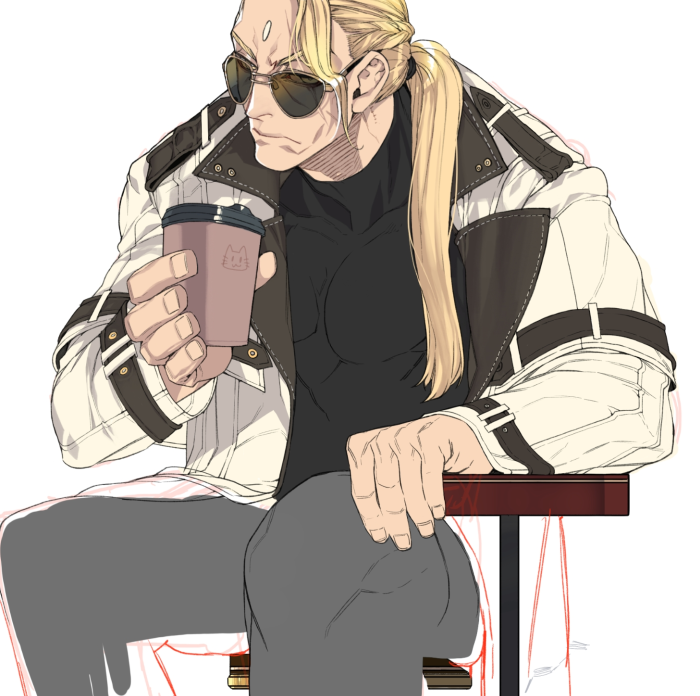 hiryuu (kugelcruor), varis zos galvus, final fantasy, final fantasy xiv, 1boy, black shirt, blonde hair, cat, character name, coat, cup, dated, disposable coffee cup, disposable cup, facial mark, forehead mark, grey pants, hair over shoulder, holding, holding cup, long hair, low ponytail, male focus, pants, ponytail, scar, scar across eye, scar on face, shirt, signature, sitting, sketch, solo, sunglasses, turtleneck, wavy hair, white background, white coat