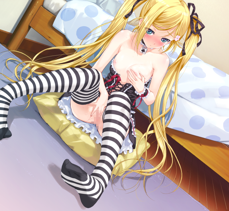 happoubi jin, orifushi mafuyu, kanojo x kanojo x kanojo, game cg, 1girl, bare shoulders, bed, blonde hair, blue eyes, blush, breasts, censored, choker, collar, corset, feet, female focus, female masturbation, fingering, flat chest, frills, gothic lolita, grabbing own flat chest, hair ribbon, lock, lolita fashion, long hair, masturbation, mosaic censoring, nipples, no panties, pussy, ribbon, sitting, solo, striped clothes, striped thighhighs, thighhighs, twintails, wrist cuffs