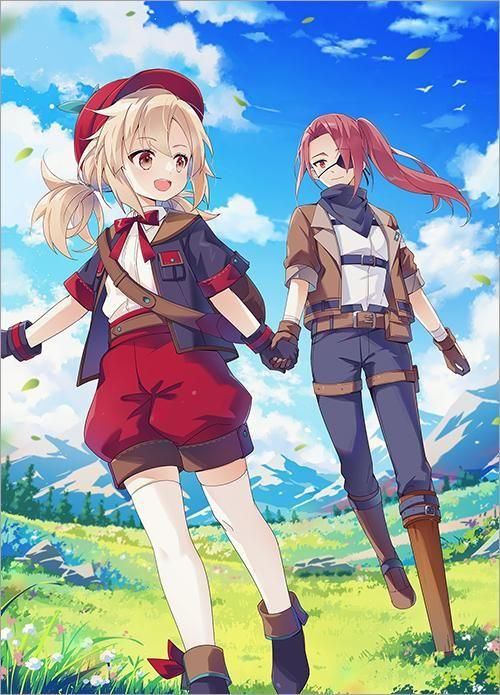 nyanya, official art, 2girls, :d, bandana, bandana around neck, belt, belt pouch, black gloves, black jacket, black shoes, blonde hair, boots, breasts, brown boots, brown eyes, brown gloves, brown hair, brown jacket, day, eyepatch, gloves, grass, hair over one eye, hat, holding hands, jacket, mountainous horizon, multiple girls, open clothes, open jacket, open mouth, outdoors, ponytail, pouch, red hat, red shorts, shirt, shoes, short twintails, shorts, small breasts, smile, tensei nanmin shoujo wa shimin-ken o zero kara mezashite hatarakimasu!, thigh strap, thighhighs, twintails, walking, white shirt, white thighhighs