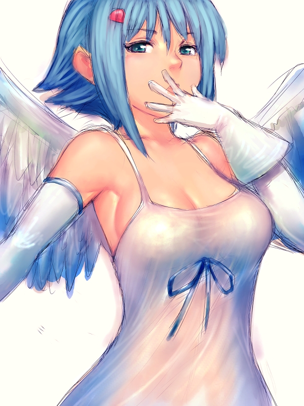 fumio (rsqkr), angel of light nanael, nanael (queen's blade), queen's blade, 00s, 1girl, :o, angel, angel wings, aqua eyes, armpits, bare shoulders, blue eyes, blue hair, breasts, cleavage, covering own mouth, dress, elbow gloves, female focus, gloves, hair ornament, hairclip, hand over own mouth, large breasts, looking at viewer, matching hair/eyes, no bra, open mouth, ribbon, short hair, sideboob, simple background, sketch, solo, taut clothes, taut dress, upper body, white background, white dress, white gloves, wide hips, wings