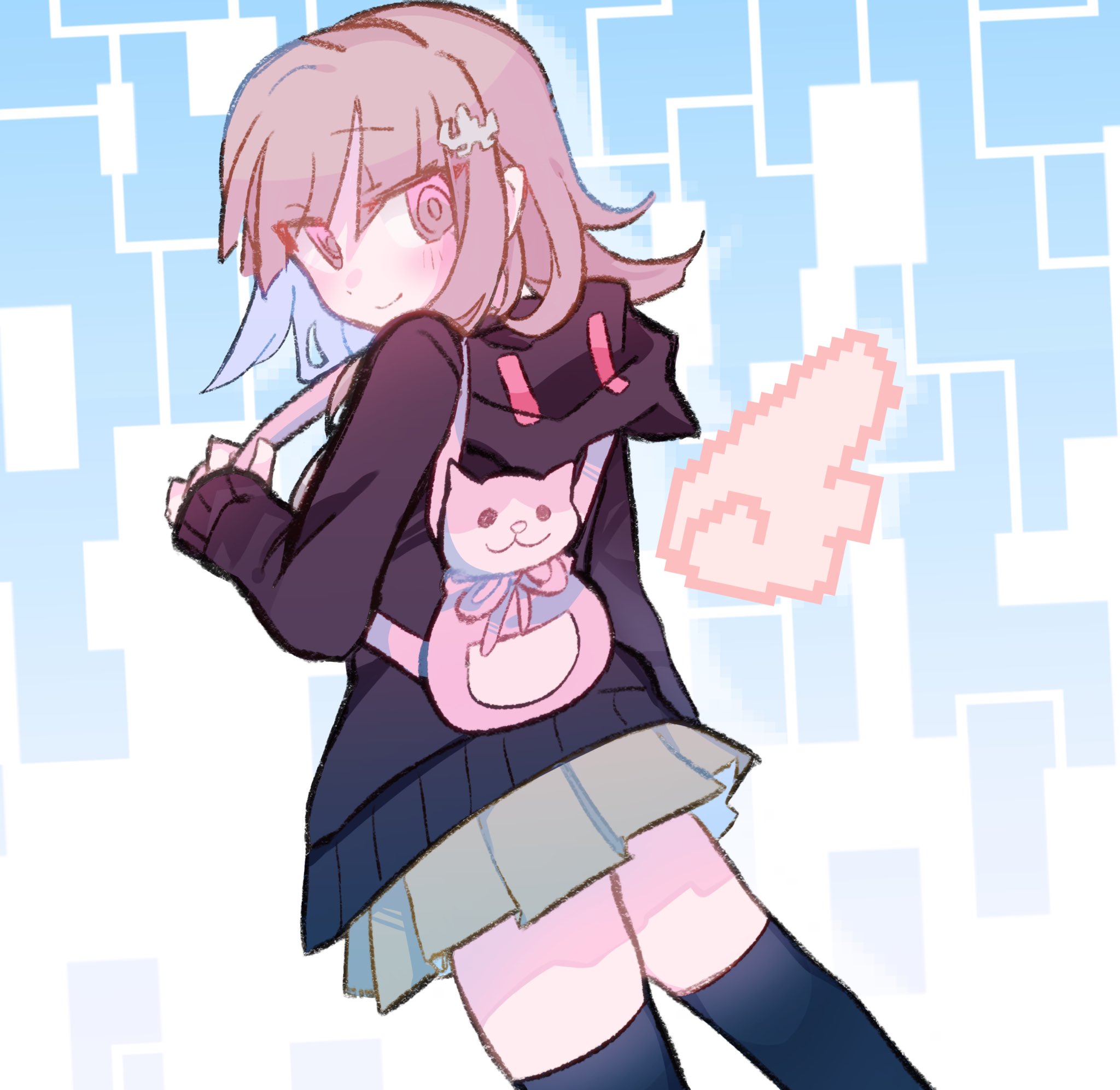 ya (dngn miyabi02), nanami chiaki, danganronpa (series), danganronpa 2: goodbye despair, hashtag-only commentary, highres, 1girl, animal bag, backpack, bag, black jacket, black thighhighs, closed mouth, cowboy shot, detached wings, grey skirt, hair ornament, hood, hood down, jacket, looking at viewer, looking back, medium hair, miniskirt, pink bag, pink eyes, pink hair, pleated skirt, skirt, sleeves past wrists, smile, solo, thighhighs, tsurime, wings