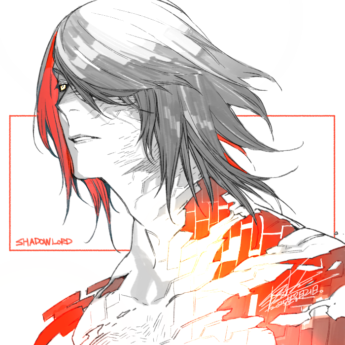 hiryuu (kugelcruor), nier, nier (series), 1boy, black hair, black sclera, character name, collarbone, colored sclera, dated, facial mark, glowing lines, hair over one eye, male focus, medium hair, parted lips, shadowlord (nier), signature, solo, upper body, whiteboard, yellow eyes
