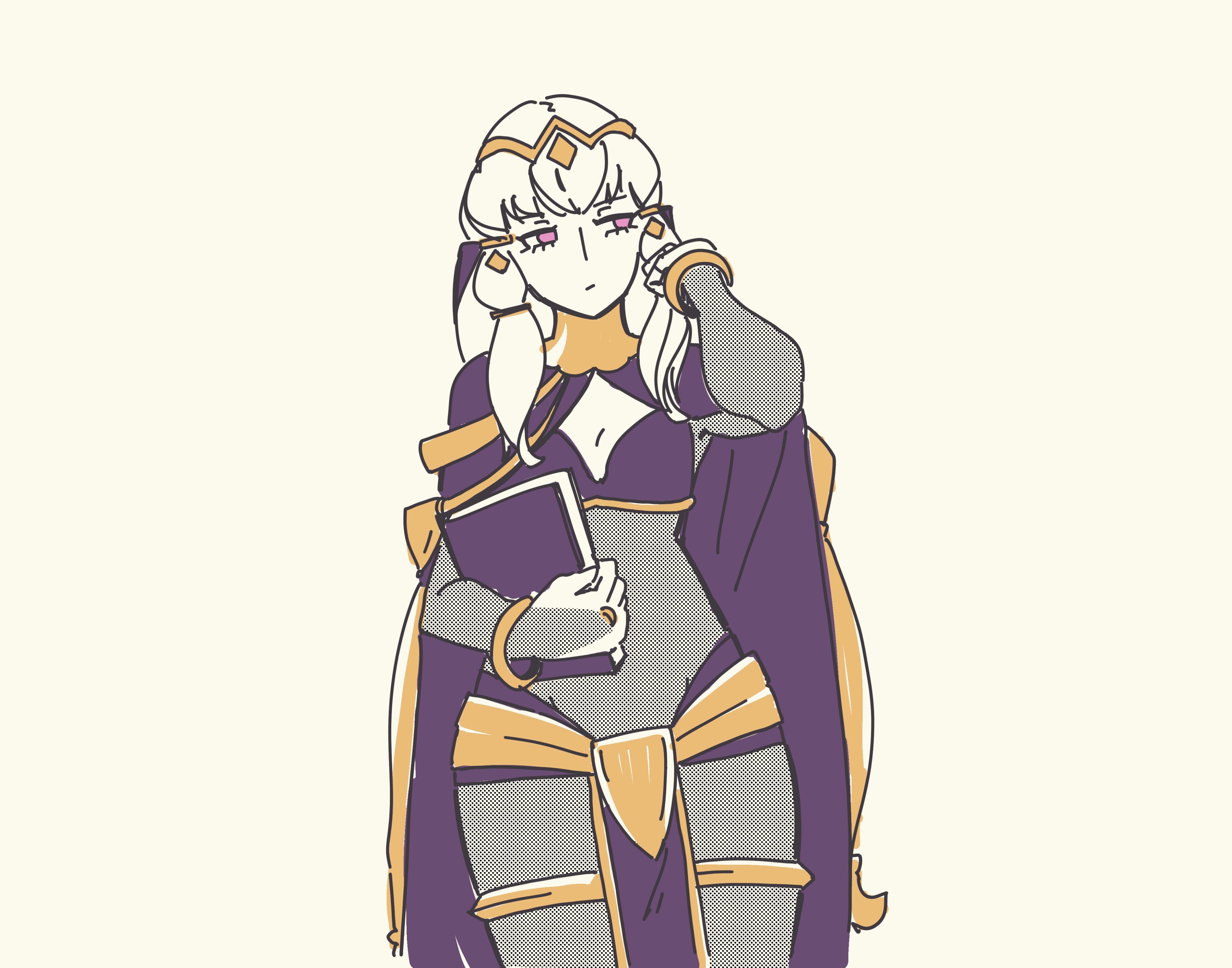 clericknight, lysithea von ordelia, lysithea von ordelia (timeskip), tharja (fire emblem), fire emblem, fire emblem: three houses, fire emblem awakening, nintendo, absurdres, highres, 1girl, adjusting hair, alternate costume, bangle, black bridal gauntlets, bodystocking, book, bracelet, breasts, bridal gauntlets, cape, cape hold, cleavage, closed mouth, clothing cutout, cosplay, cowboy shot, gold thighlet, gold trim, groin, hair ornament, hand up, hip vent, holding, holding book, jewelry, long hair, pelvic curtain, purple cape, purple eyes, ring, see-through bridal gauntlets, simple background, skin tight, small breasts, solo, tharja (fire emblem) (cosplay), tiara, white background, white hair, wide hips