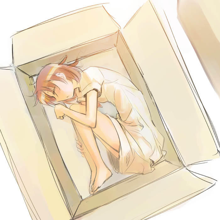 ikeda jun (mizutamari), 1girl, barefoot, bottomless, box, cardboard box, closed eyes, feet, female focus, fetal position, full body, in box, in container, no pants, red hair, sleeping, solo, toes