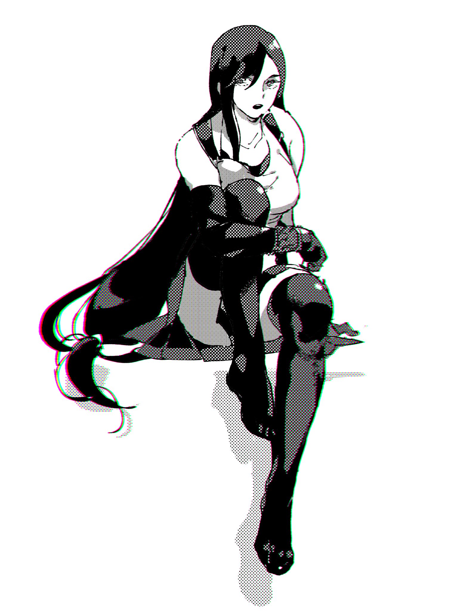 bombyxmori ckr, final fantasy, final fantasy vii, final fantasy vii remake, highres, bare shoulders, black bra, black gloves, black hair, black skirt, black thighhighs, bra, breasts, crop top, elbow gloves, full body, gloves, greyscale, hair between eyes, hair tie, hugging own legs, long hair, looking at viewer, low-tied long hair, medium breasts, miniskirt, monochrome, no shoes, open mouth, pleated skirt, shirt, sitting, skirt, sleeveless, sleeveless shirt, sports bra, suspenders, thighhighs, thighs, underwear, upskirt, white background, white shirt